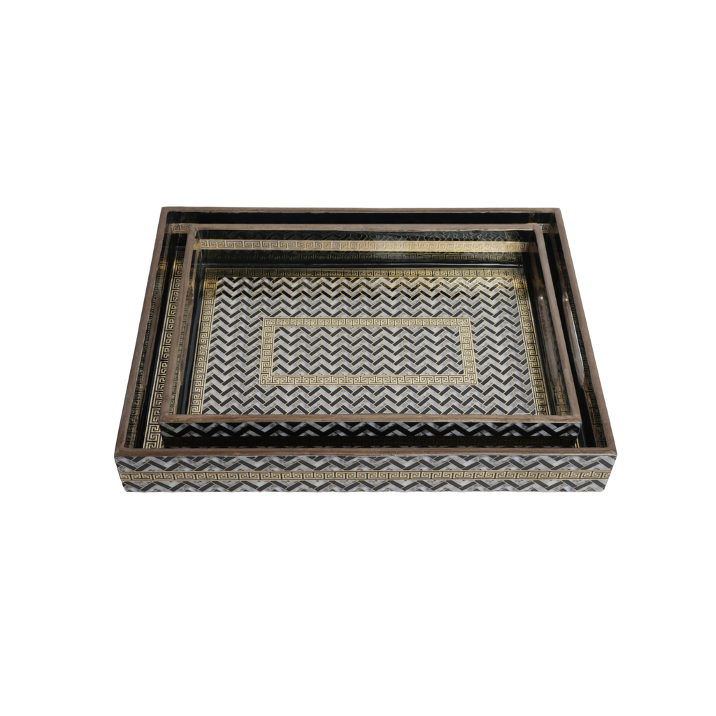 Wooden Zig-zag Gloden & Black  Serving Tray  Set of 2 with Gold Engraving (Rectangular)