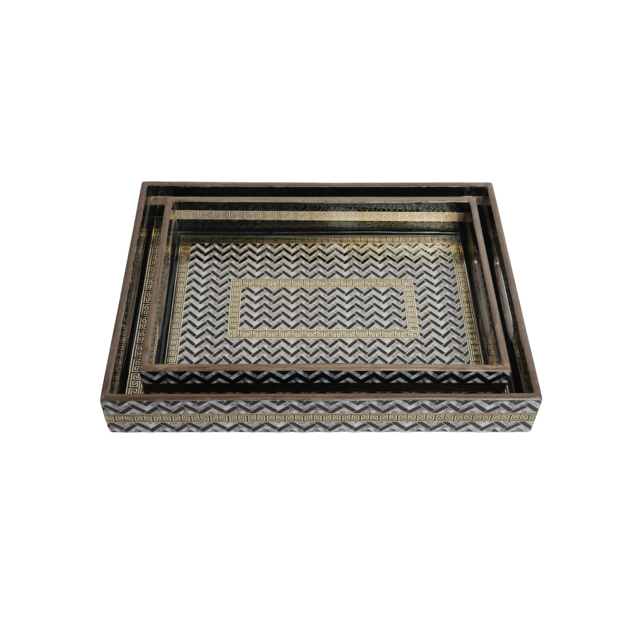 Wooden Zig-zag Gloden & Black  Serving Tray  Set of 2 with Gold Engraving (Rectangular)