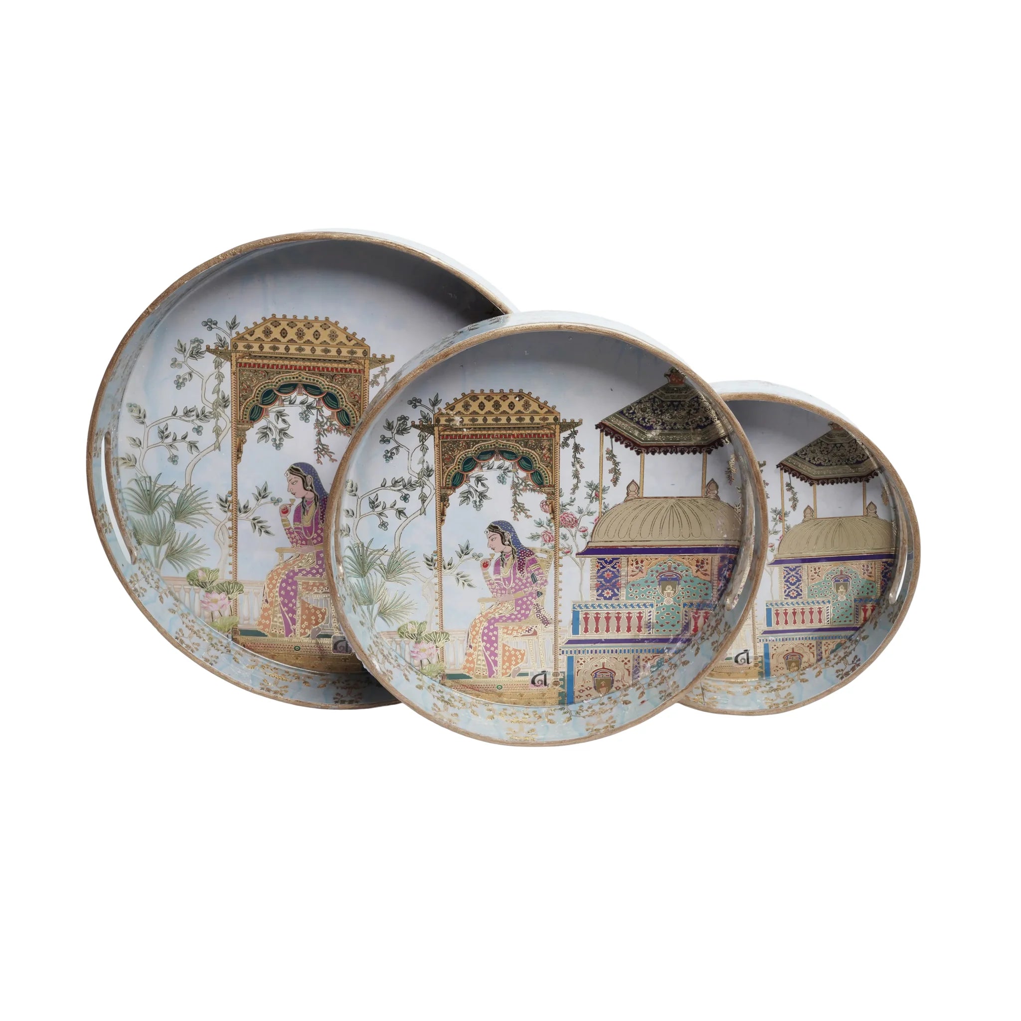 Wooden Mughal miniature Serving Tray Set of 3 with Gold Engraving   (Round)