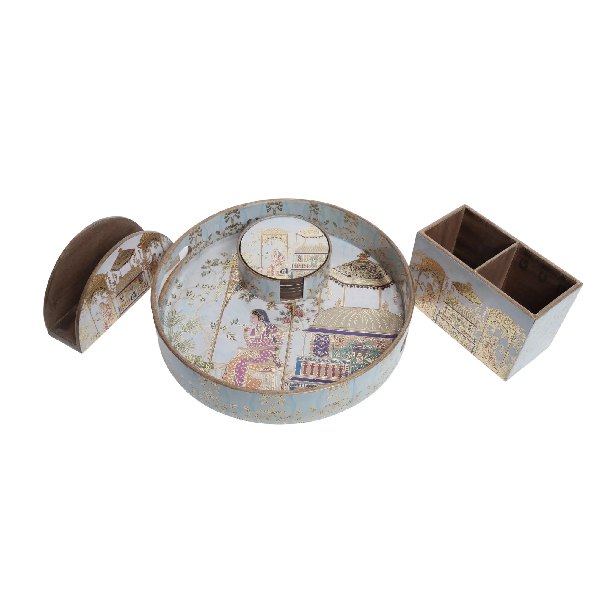 Wooden Mughal miniature Single Tray+Tissue Holder+Round  Tea Coster Set of 6 + 2 Divider cutlery Holder
