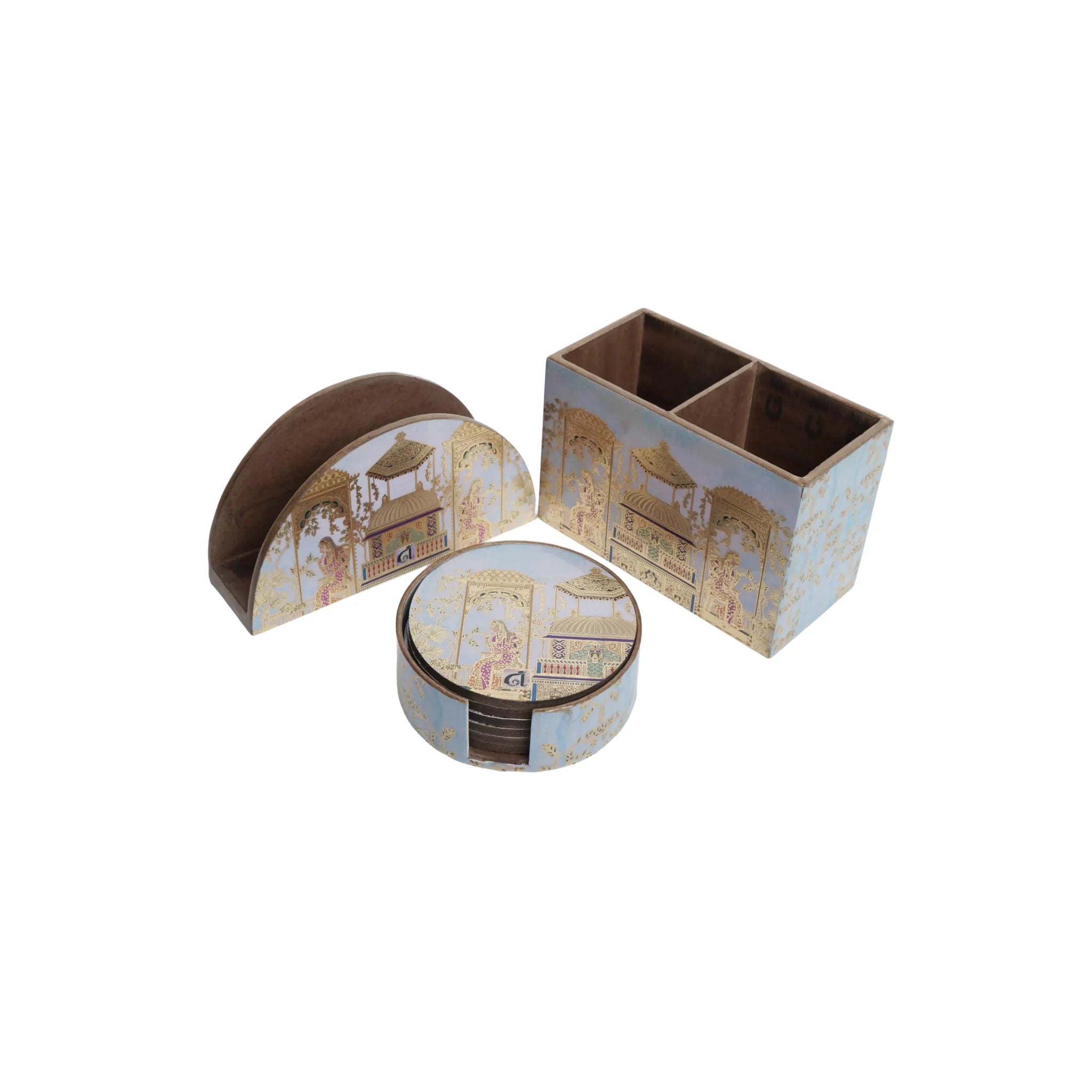 Wooden Mughal miniature Digital Printed Tissue Holder Stand + 2 Divider Wooden Spoon, Fork Cutlery Holder+Round Tea Coaster Set of 6