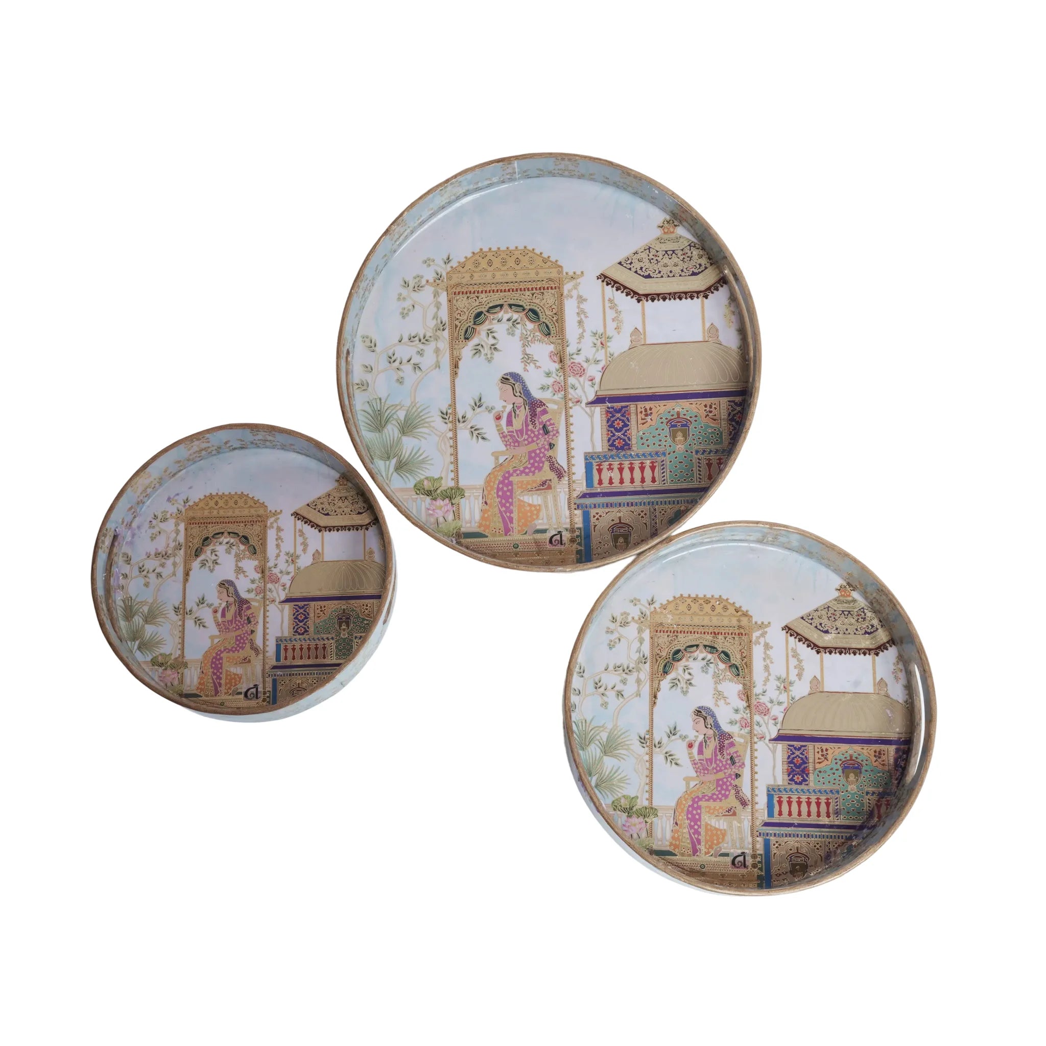 Wooden Mughal miniature Serving Tray Set of 3 with Gold Engraving   (Round)