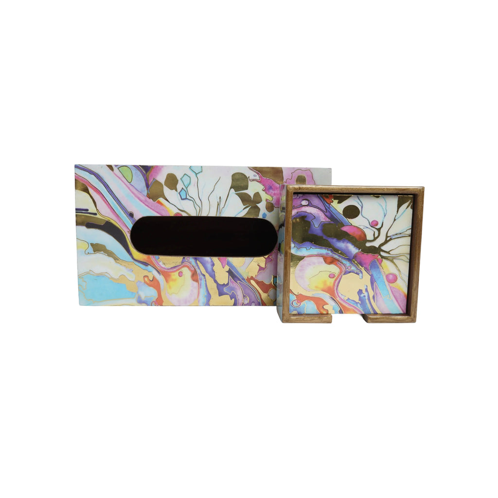 Wooden Digital Printed Tissue Paper Box - Refillable Facial Napkin Holder Stand+Wooden Coaster Set with Holder