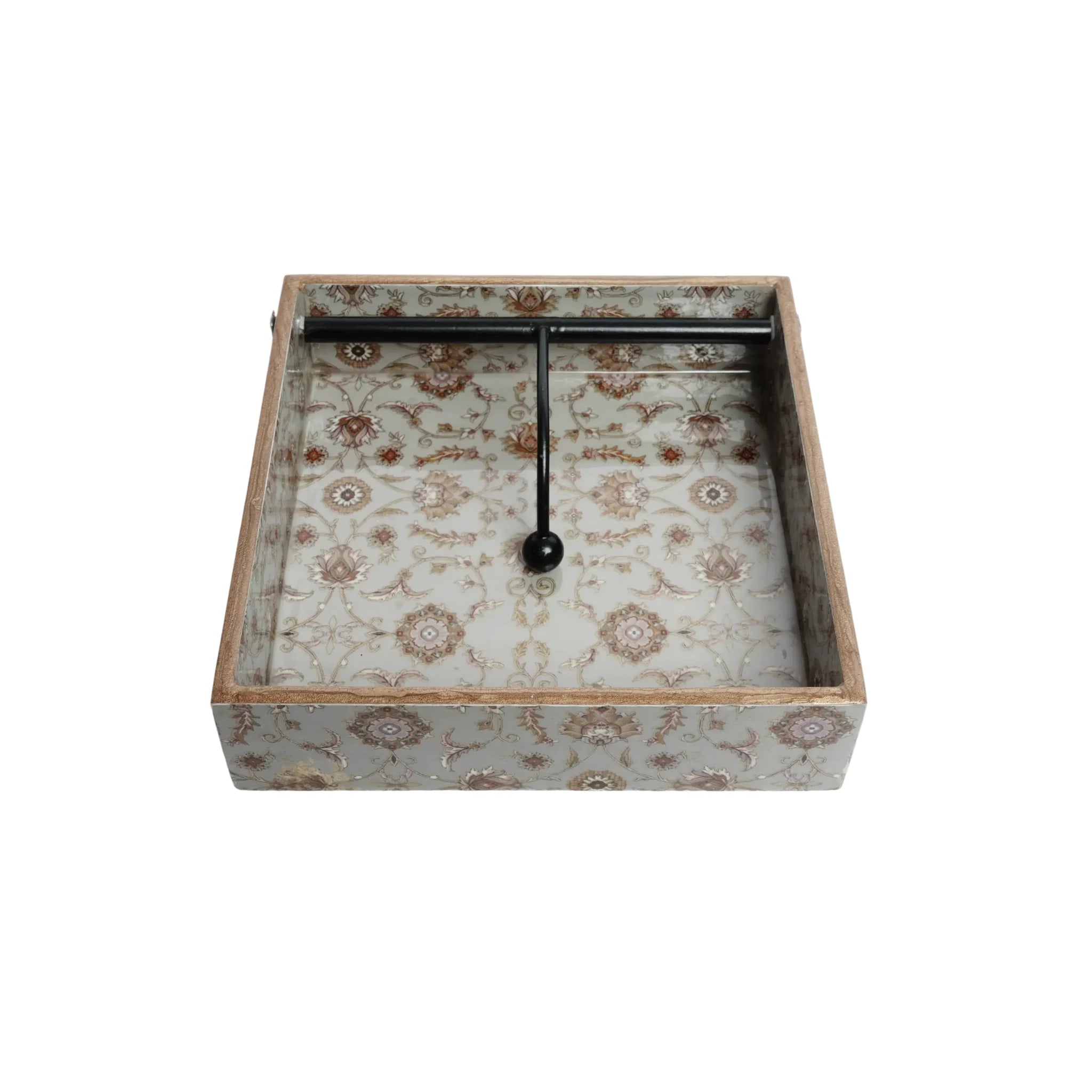 Wooden Gold Flower Digital Printed Weight Tissue Napkin Holder with Weighted Arm (Square)