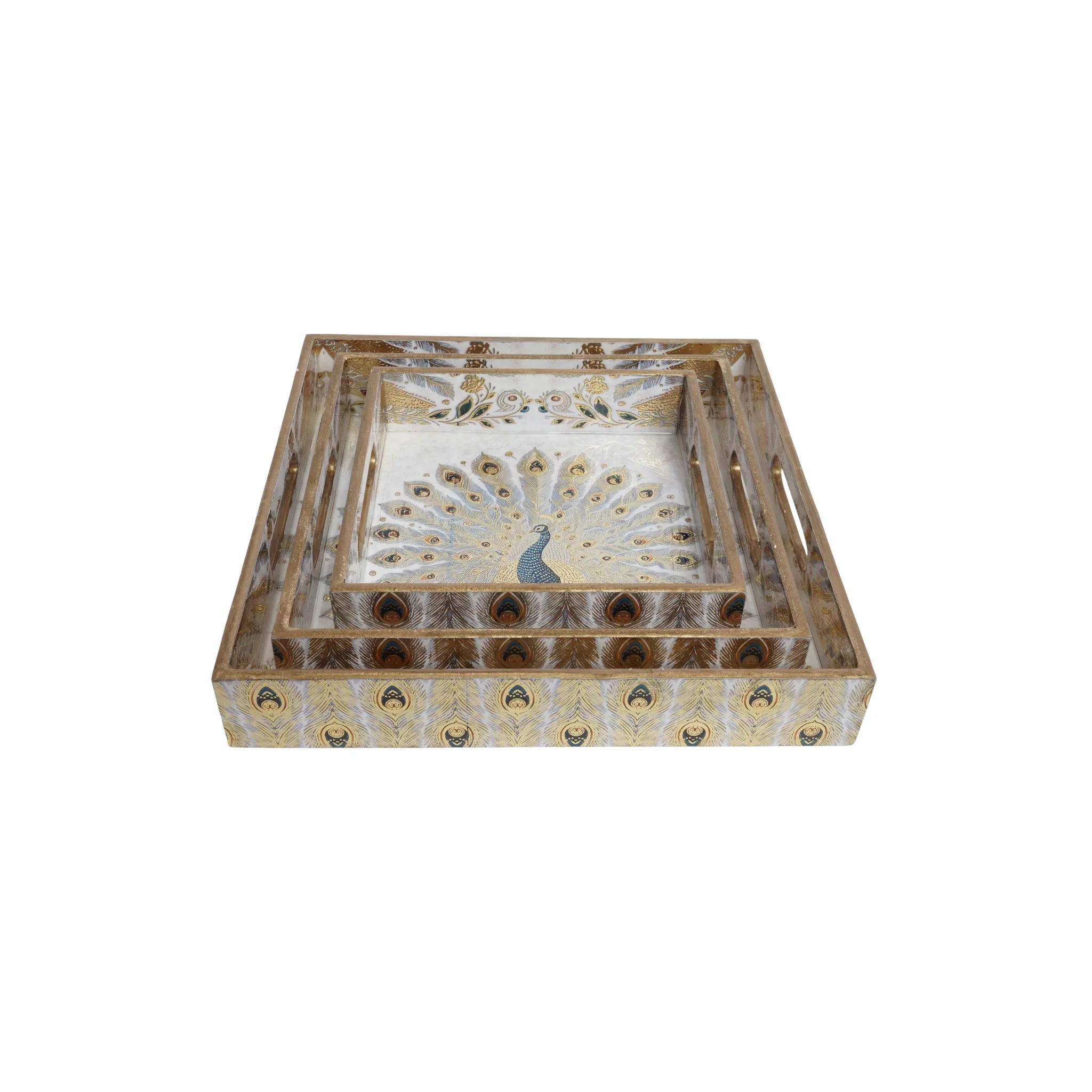 Wooden Royal Peocock Serving Tray set of 3 with Gold Engraving (Square)