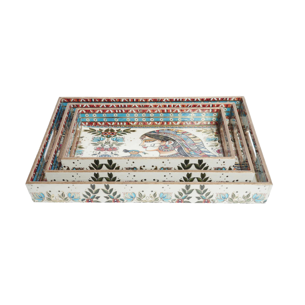 Wooden Kalamkari Tribal Queen With Peacock Serving Tray  Set of 3 with Gold Engraving (Rectangle)