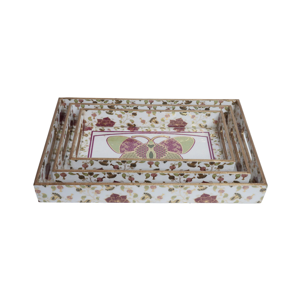 Wooden Butterfly With Floaral Border Serving Trey Set of 3 with Gold Engraving (Rectangle)