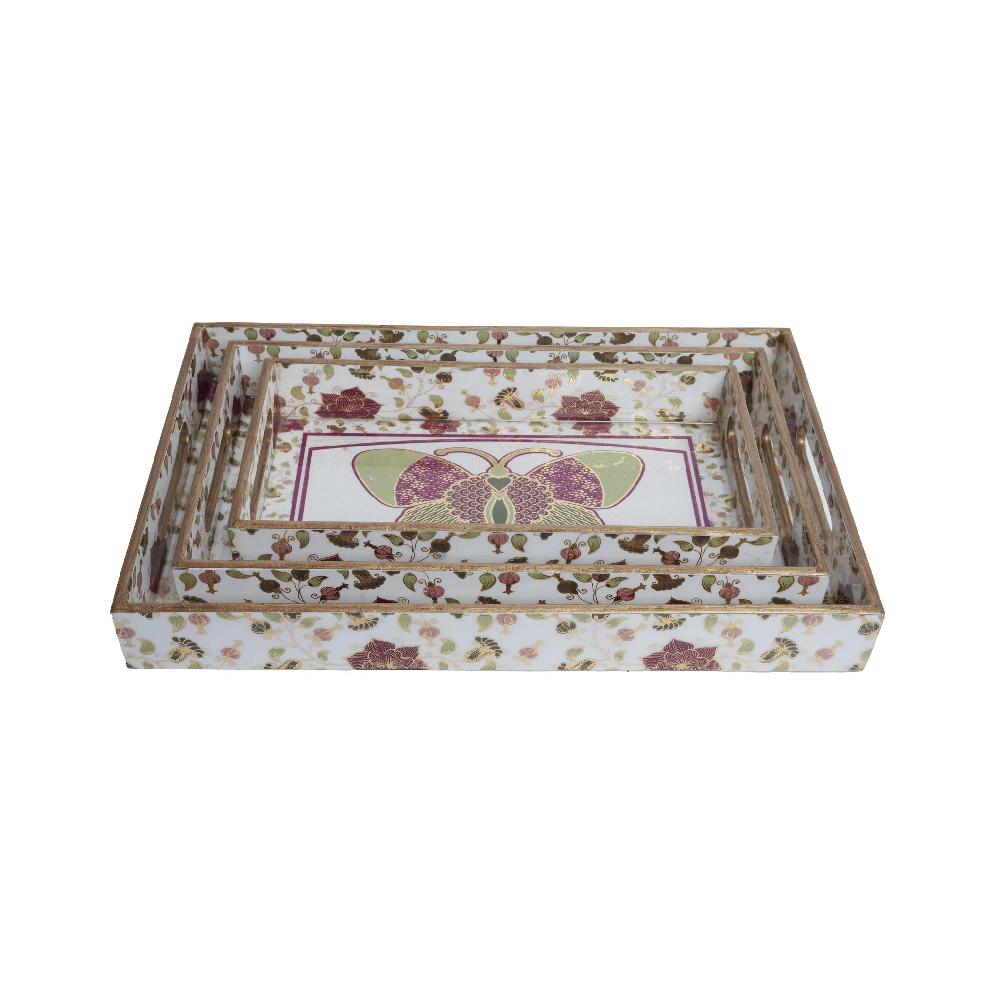 Wooden Butterfly With Floaral Border Serving Trey Set of 3 with Gold Engraving (Rectangle)