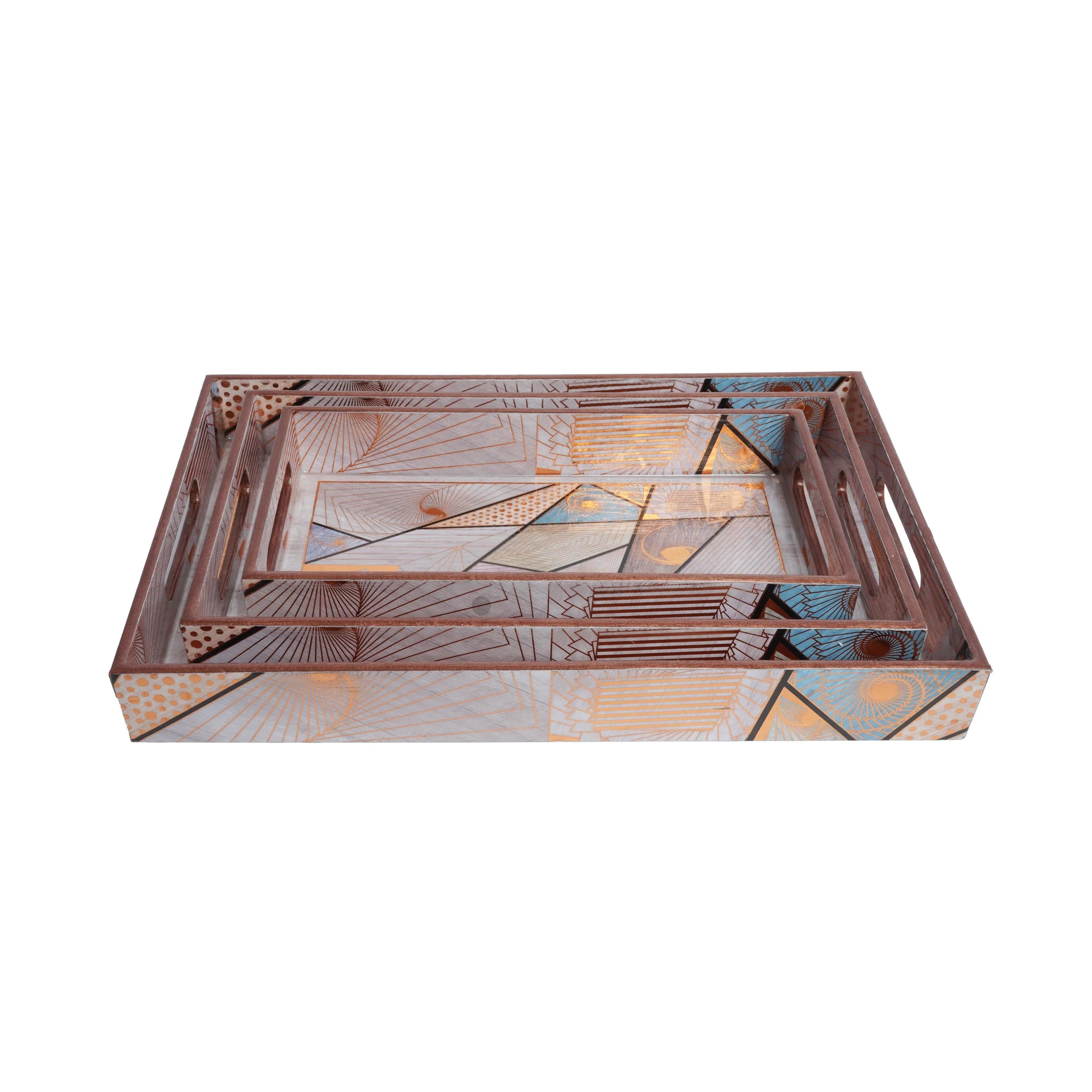 Wooden Abstract Geometric Art Serving Tray  Set of 3 with Gold Engraving (Rectangle)