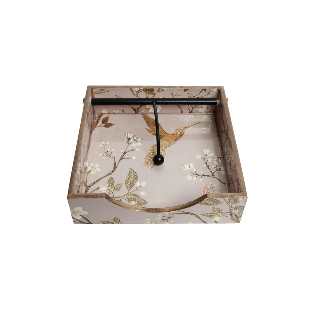 Wooden  Floral Digital Printed Weight Tissue Napkin Holder Square Shaped with Weighted Arm+Wooden Coaster Set of 6 with Holder