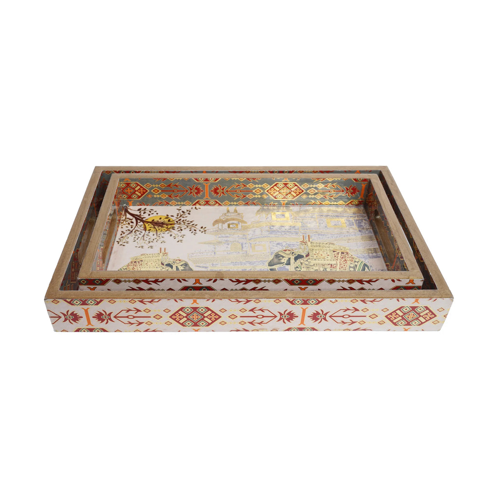 Wooden Royal Elephant with places & sunset serving Tray  Set of 2 with Gold Engraving (Rectangle)