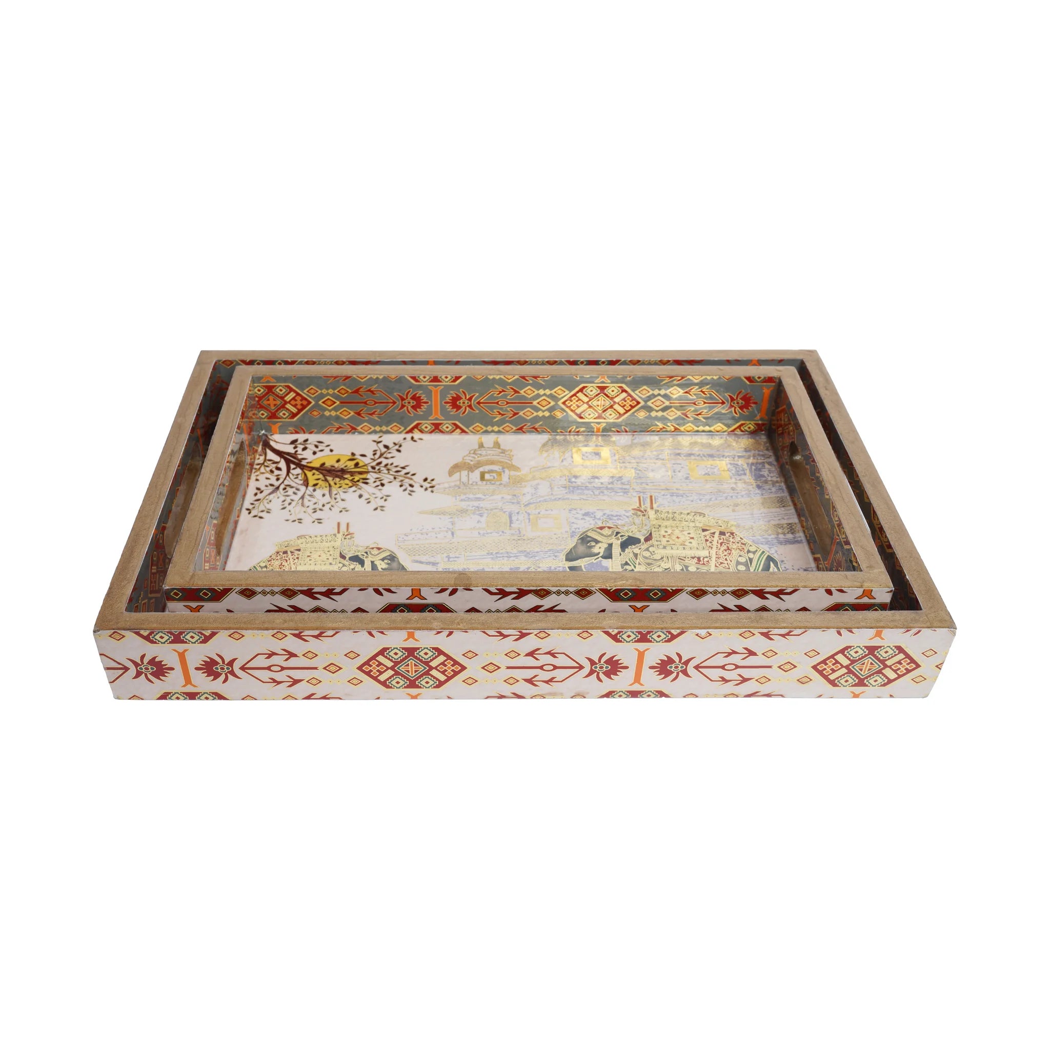 Wooden Royal Elephant with places & sunset serving Tray  Set of 2 with Gold Engraving (Rectangle)