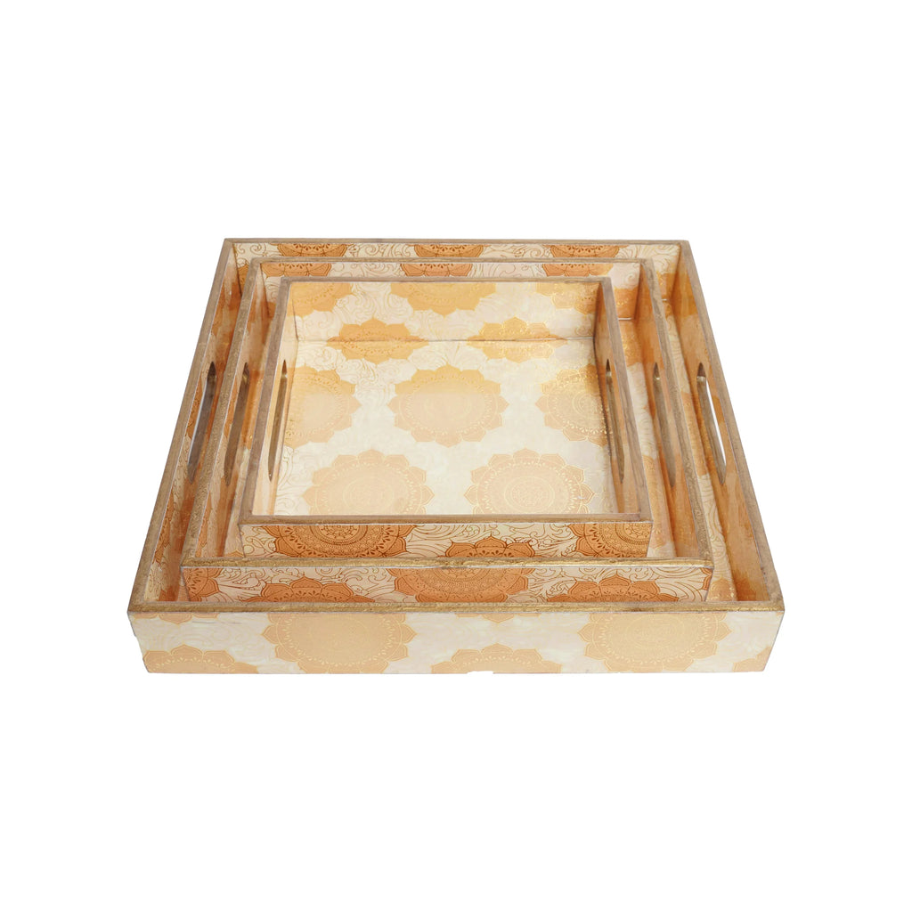 Wooden Gold  Serving Tray Set of 3  with Gold Engraving (Square)