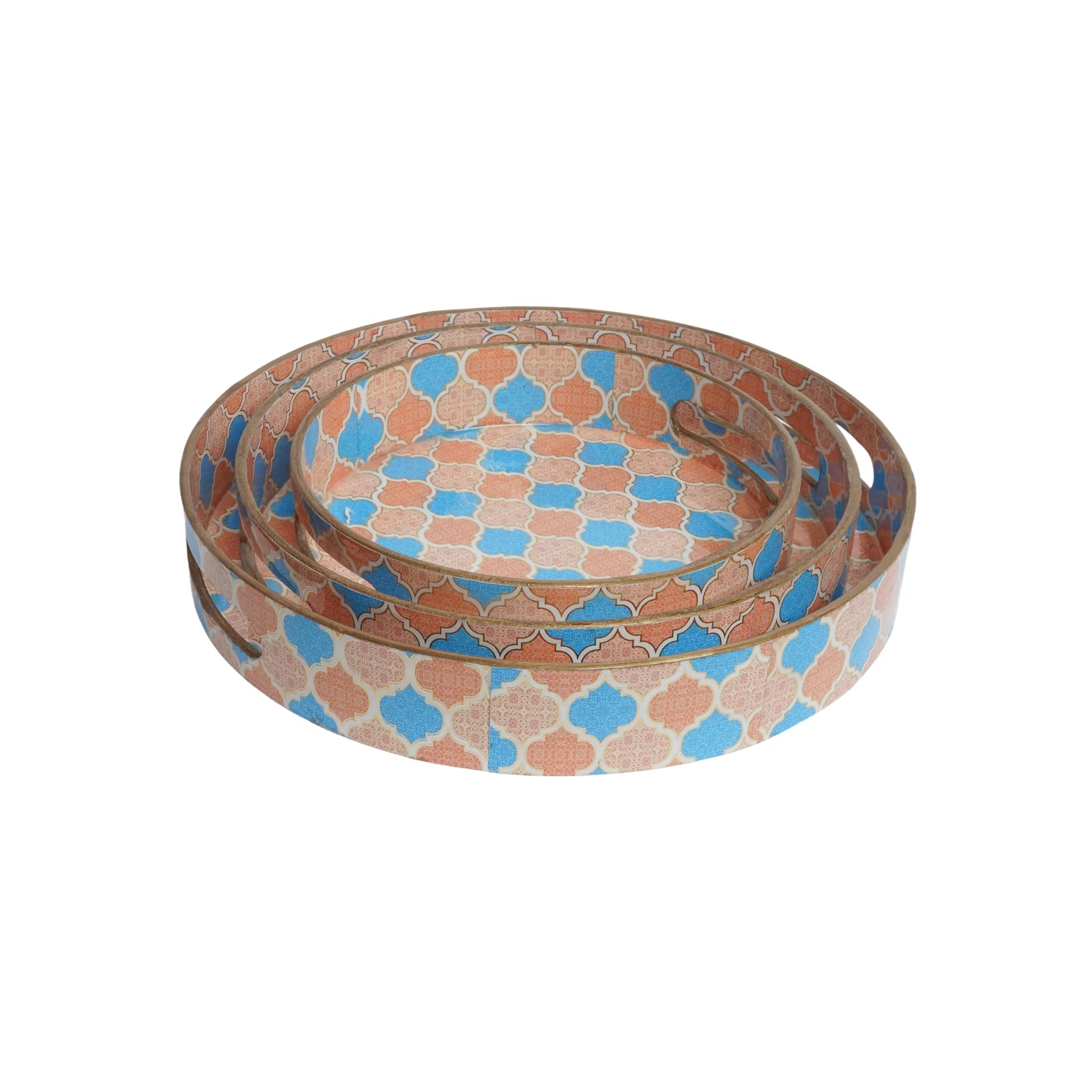 Wooden Blue & Peach Tile Art Serving Tray set of 3 (Round)