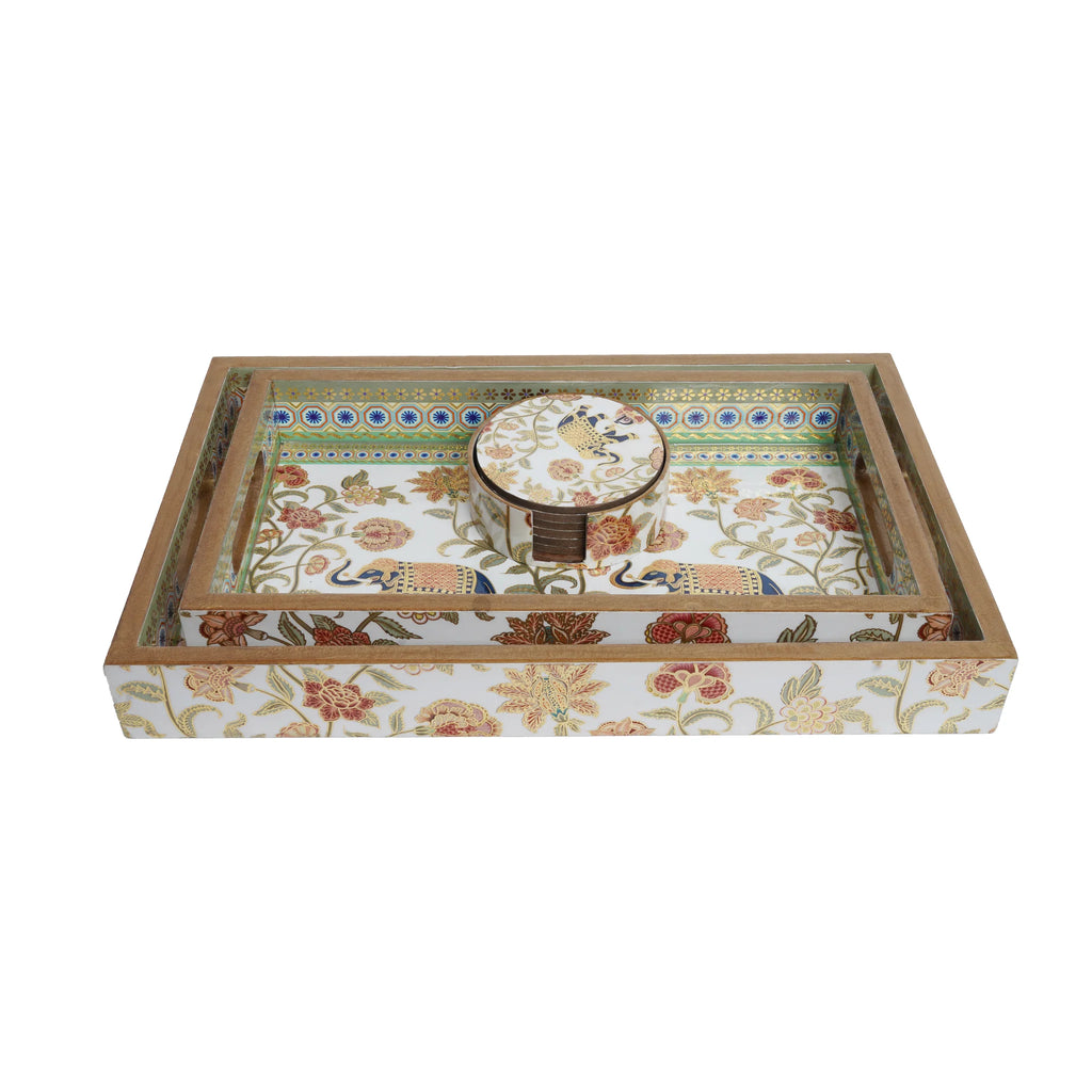 Wooden  Indian Pichwai Serving  Tray  Set of 2 with Gold Engraving +Round Coaster set of 6 (Rectangle)