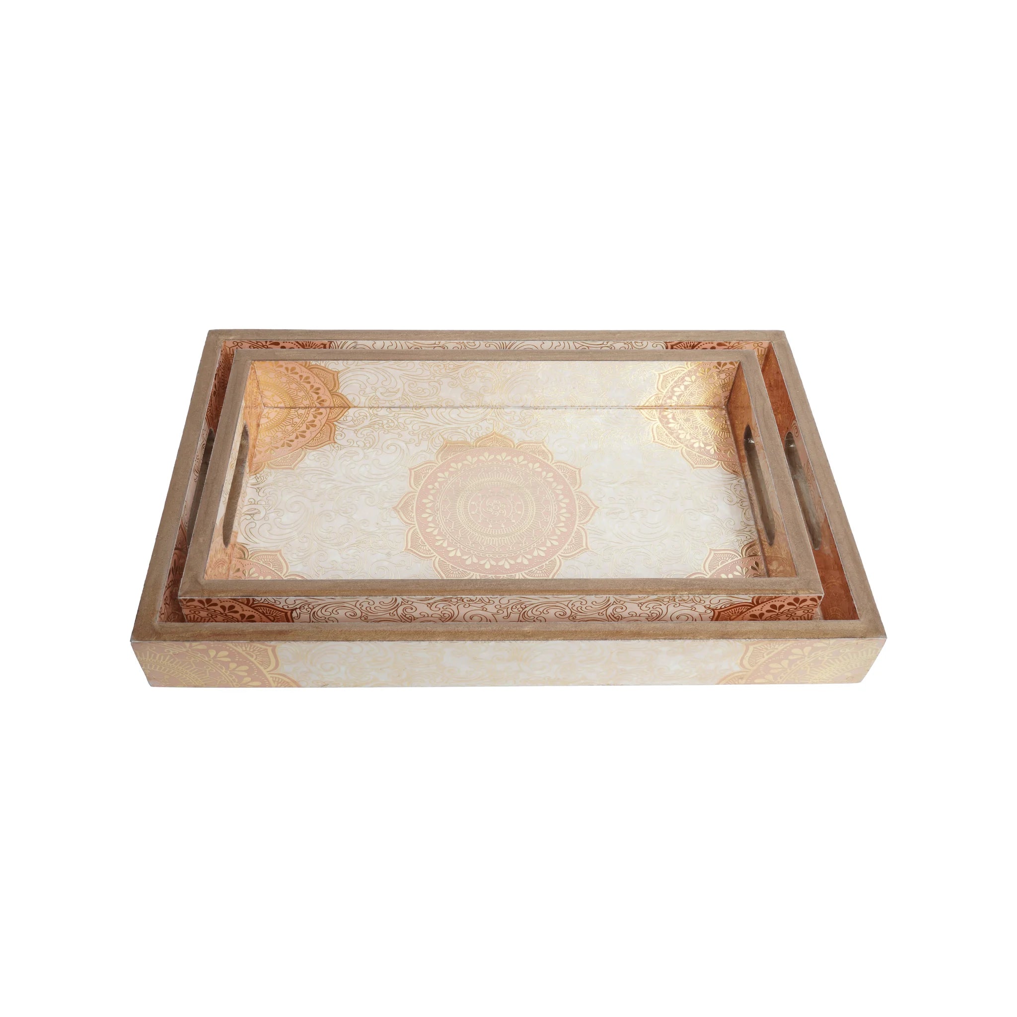 Wooden  Mandala with Vintage Art Serving Tray for Set of 2 with Gold Engraving (Rectangle)