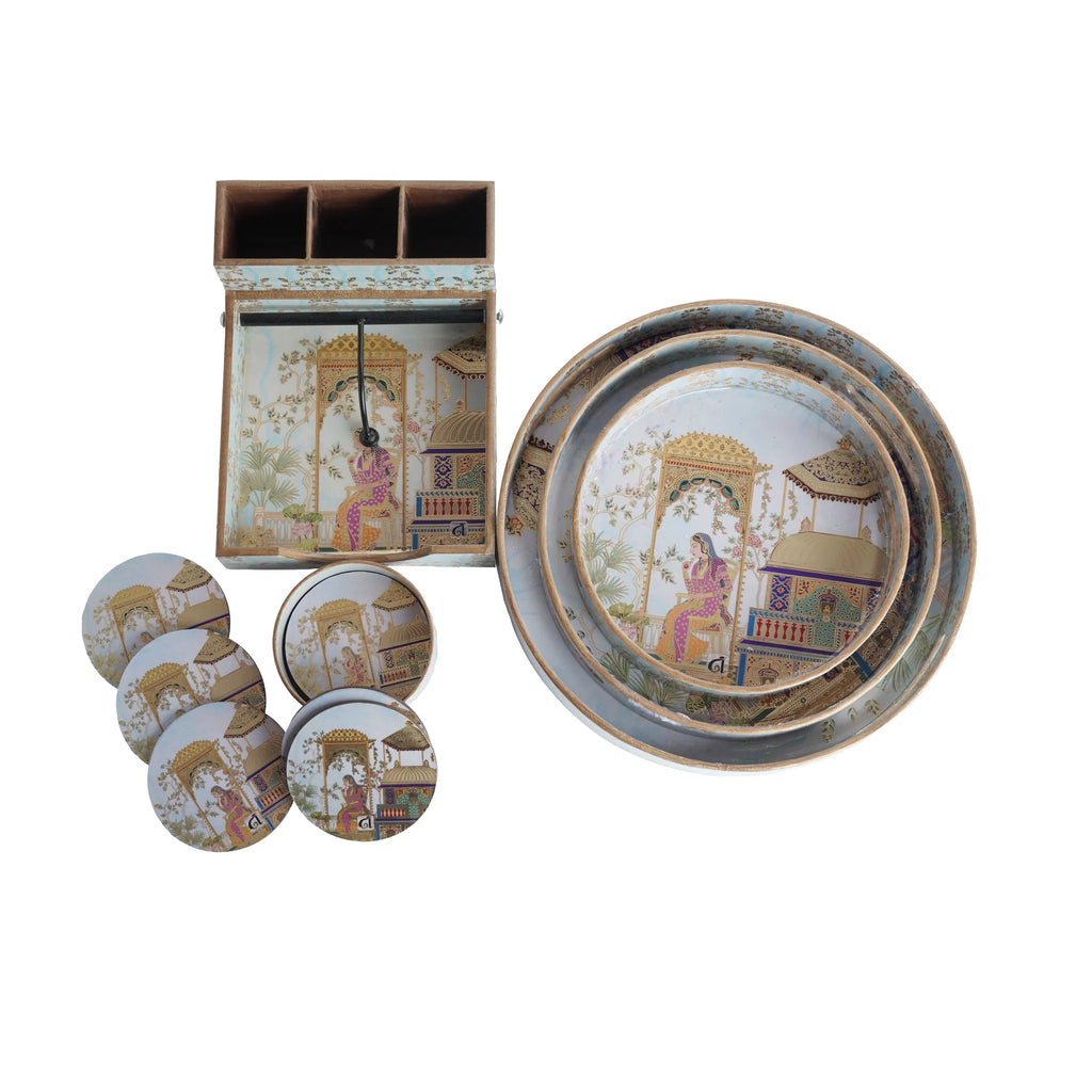 Wooden Mughal miniature Gold Digital Tissue & Cutlery Holder Decorative Organizer 3 Compartment Cutlery + Tissue Storage+Coaster Set of 6 with Holder+Wooden Serving Tray with Gold Engraving Set of 3( Round)