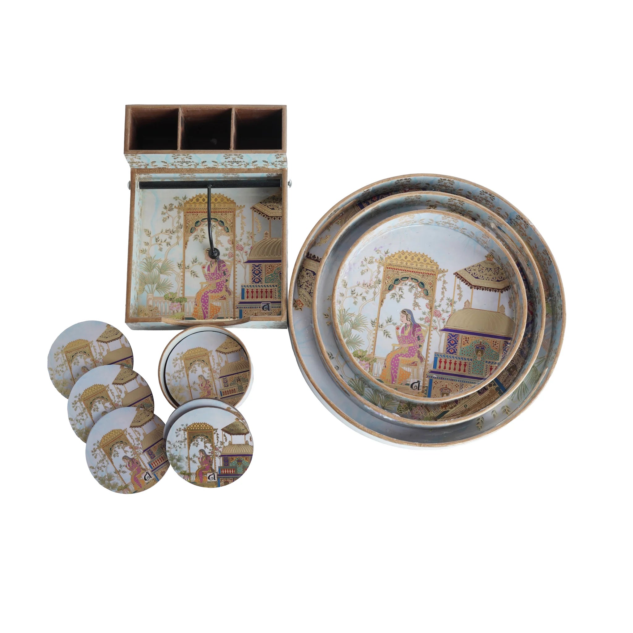 Wooden Mughal miniature Gold Digital Tissue & Cutlery Holder Decorative Organizer 3 Compartment Cutlery + Tissue Storage+Coaster Set of 6 with Holder+Wooden Serving Tray with Gold Engraving Set of 3( Round)