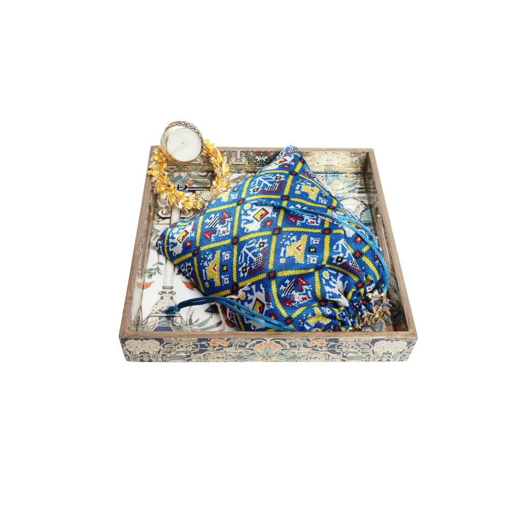 Wooden Blue Peocock Squre Single Tray With Dry Fruit and Diya