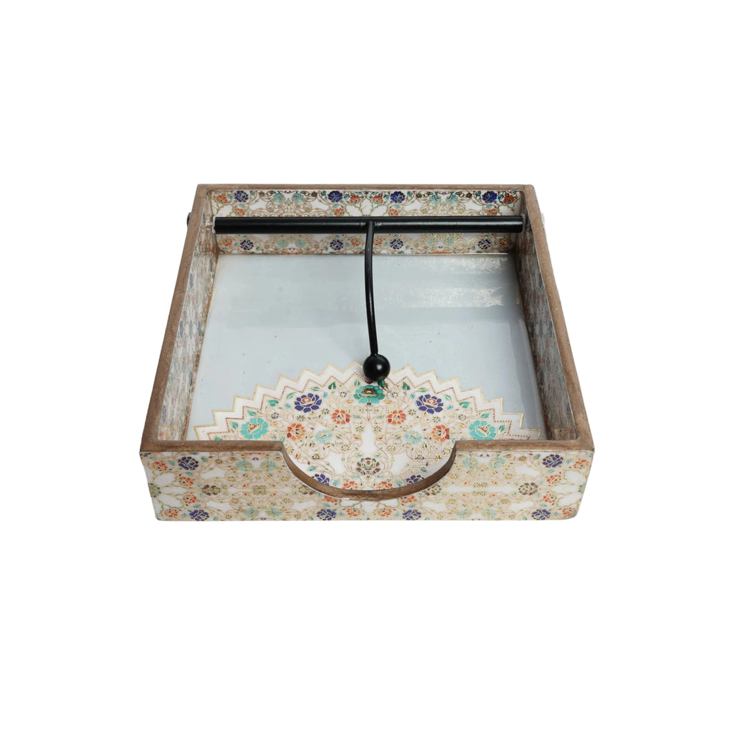 Wooden Multicolour Flower Color Art Weight Tissue Napkin Holder with Weighted Arm (Square)