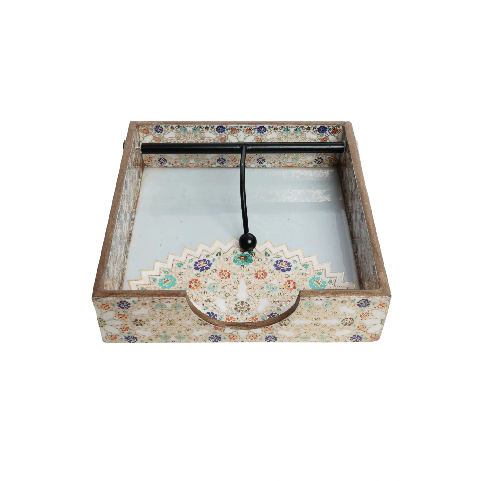 Wooden Multicolour Flower Color Art Weight Tissue Napkin Holder with Weighted Arm (Square)