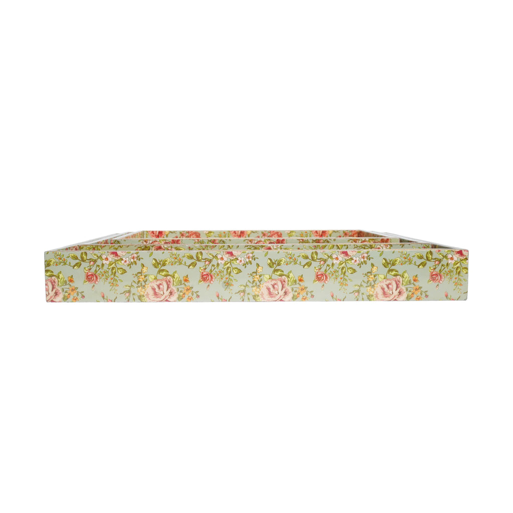 Wooden  Floral Serving Trey Set of 3 with Gold Engraving (Rectangle)