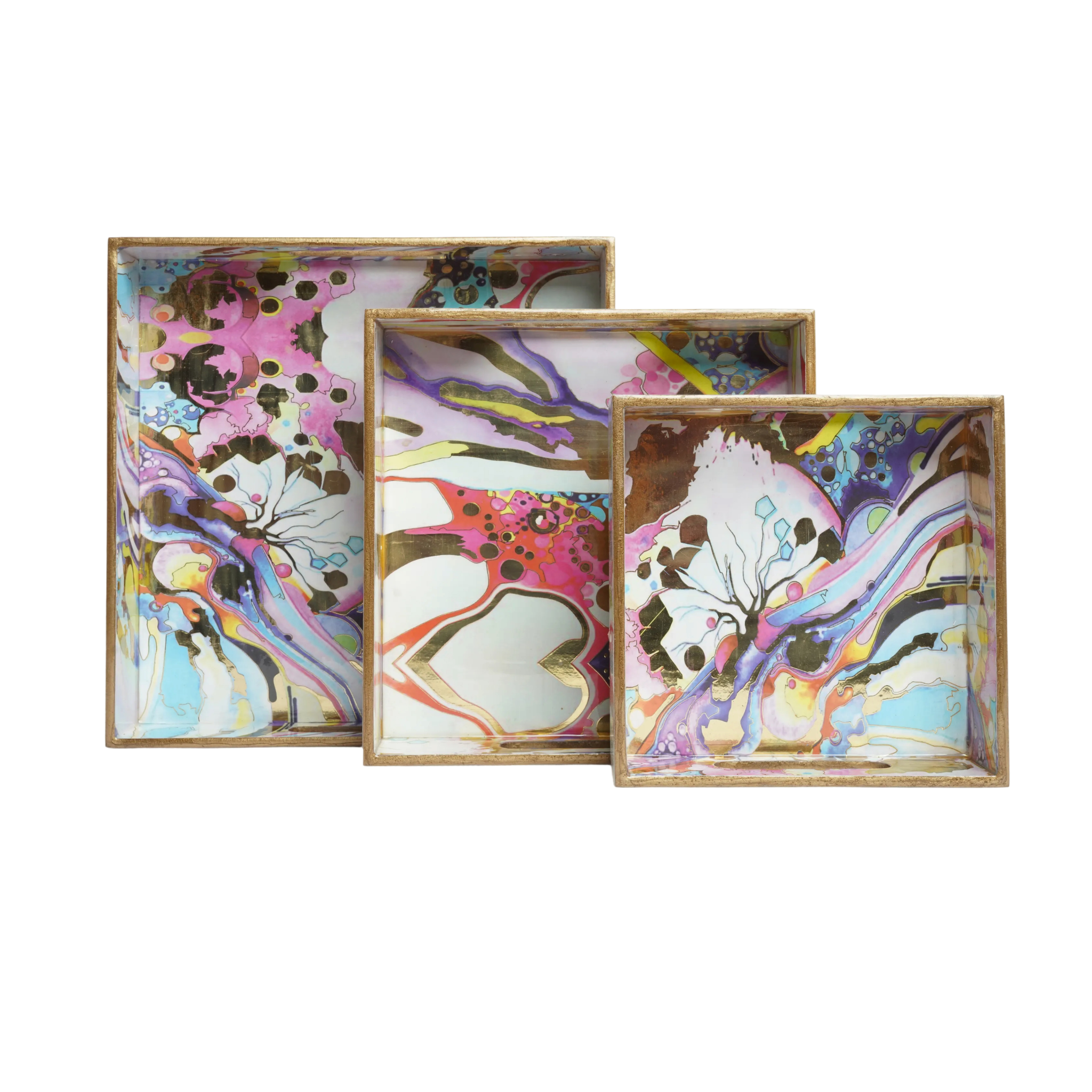 Wooden Serving Tray with Gold Engraving | Set of 3 - Wood Square Shape Decorative Trays for Home Decor, Living Room, Multipurpose Organizer, Handmade Luxury Gift for Wedding & Festivals