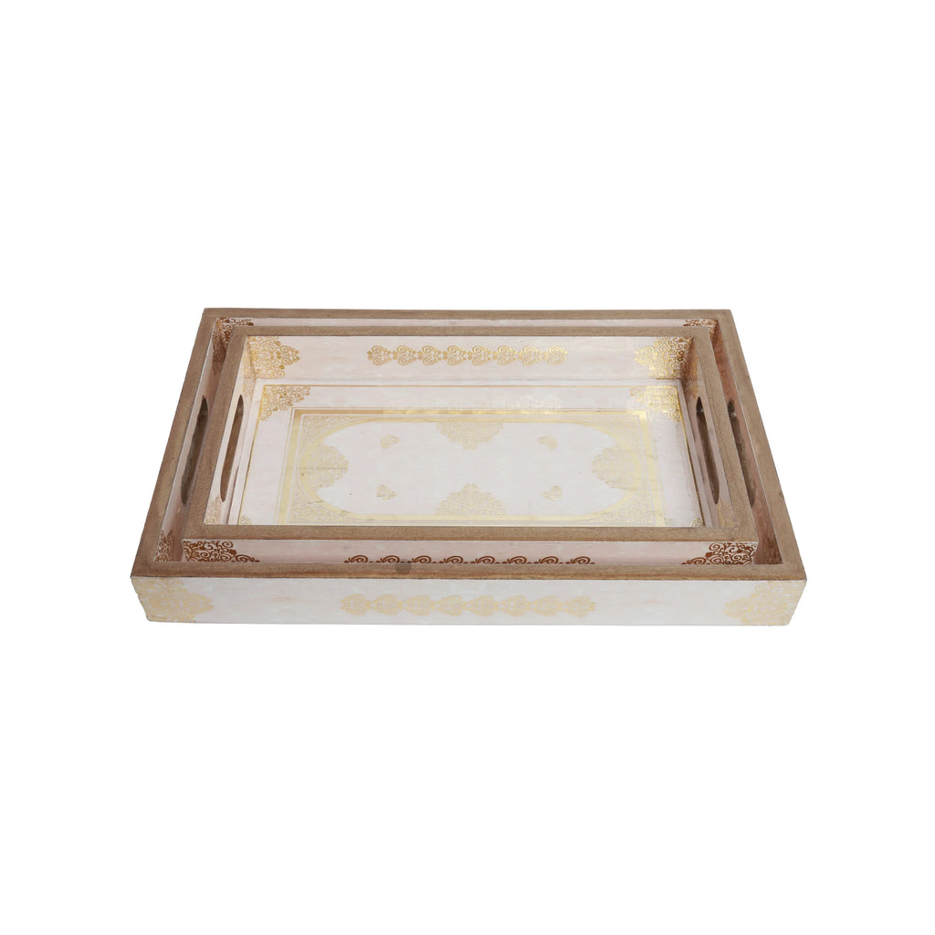 Wooden Jharokha Arch Serving Tray Set of 2 with Gold Engraving (Rectangle)