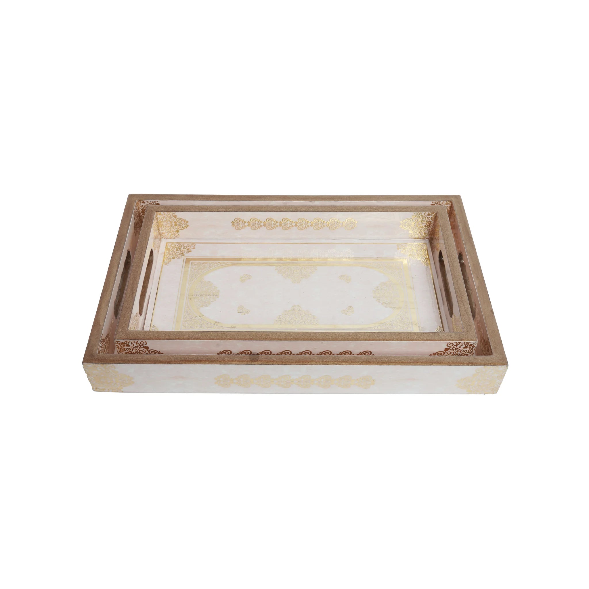 Wooden Jharokha Arch Serving Tray Set of 2 with Gold Engraving (Rectangle)