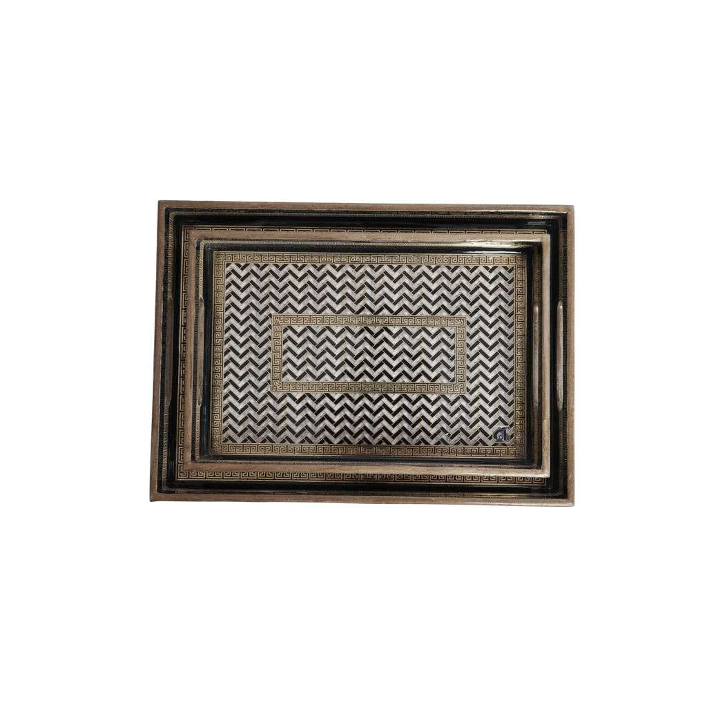 Wooden Zig-zag Gloden & Black  Serving Tray  Set of 2 with Gold Engraving (Rectangular)