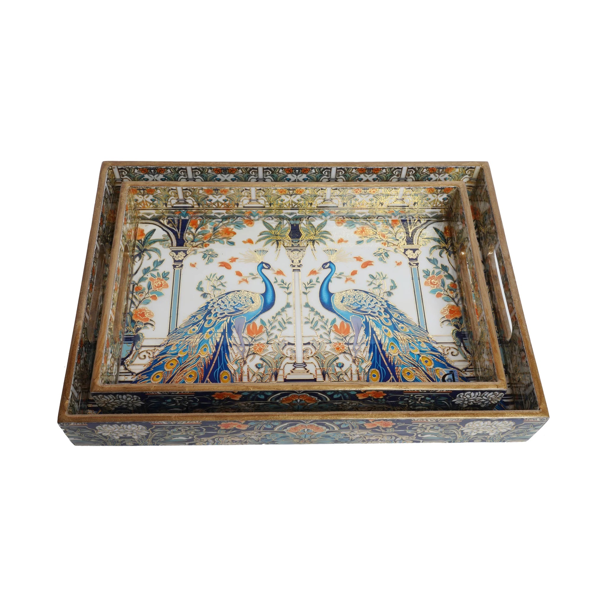 Wooden Blue Peacock ServingTray Set of 2 with Gold Engraving +Napkin Holder (Rectangle)