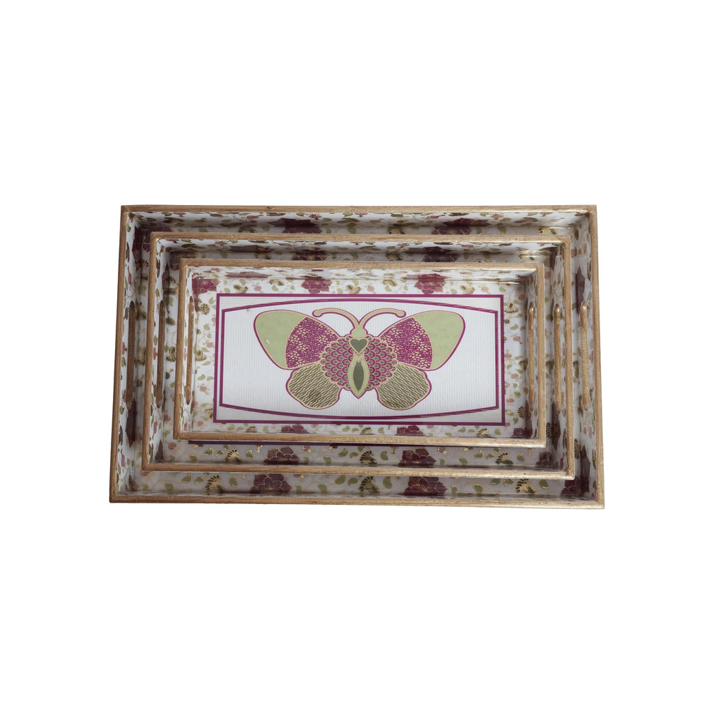 Wooden Butterfly With Floaral Border Serving Trey Set of 3 with Gold Engraving (Rectangle)