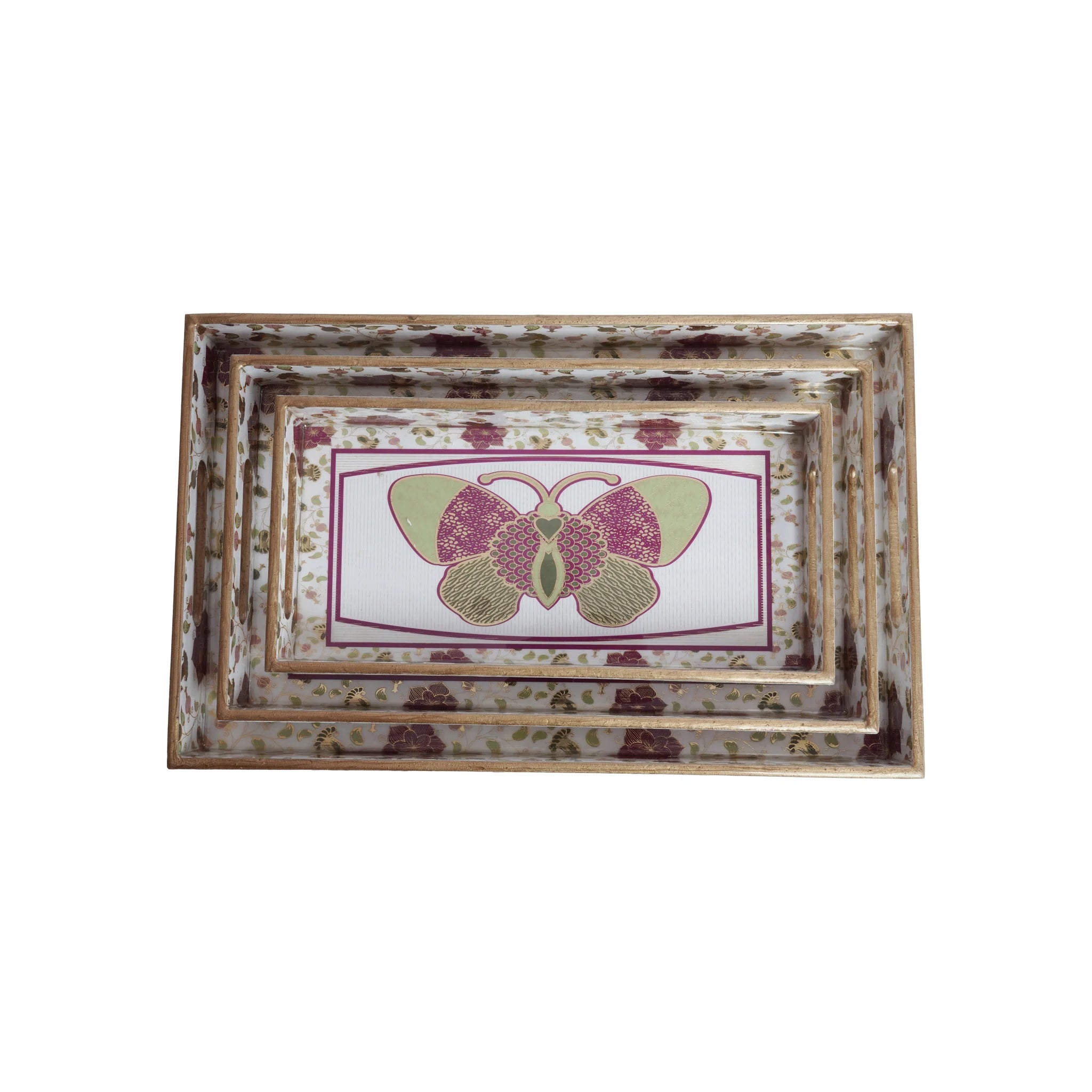 Wooden Butterfly With Floaral Border Serving Trey Set of 3 with Gold Engraving (Rectangle)