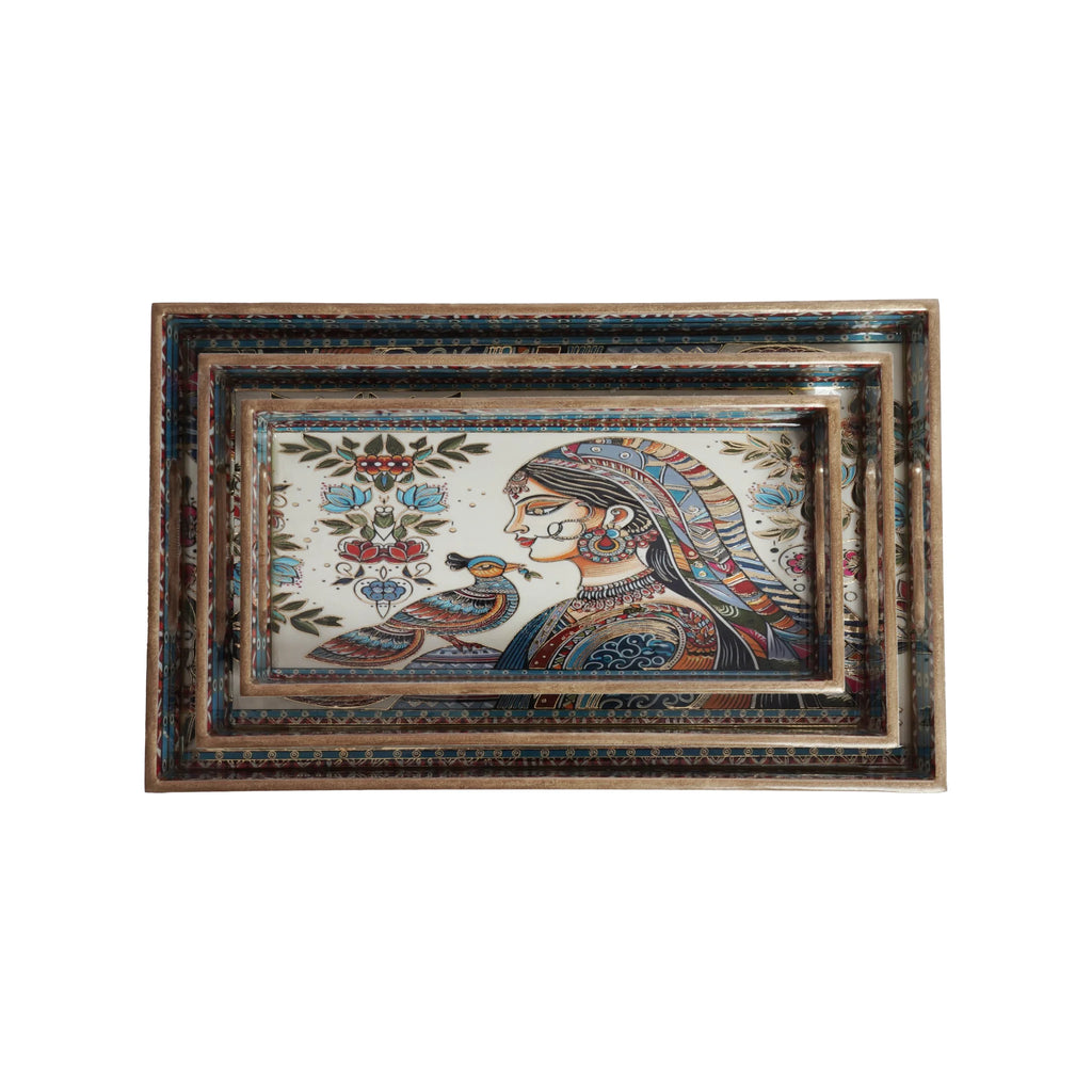 Wooden Kalamkari Tribal Queen With Peacock Serving Tray  Set of 3 with Gold Engraving (Rectangle)