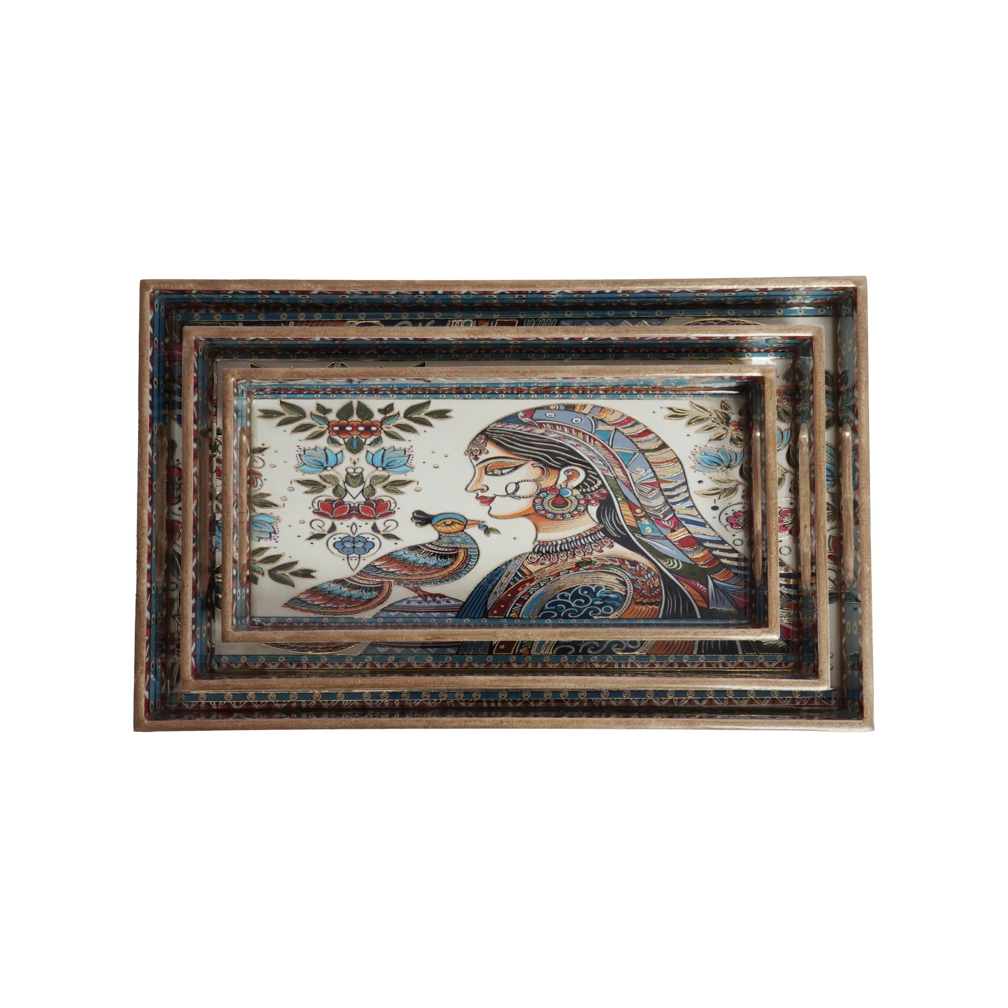 Wooden Kalamkari Tribal Queen With Peacock Serving Tray  Set of 3 with Gold Engraving (Rectangle)