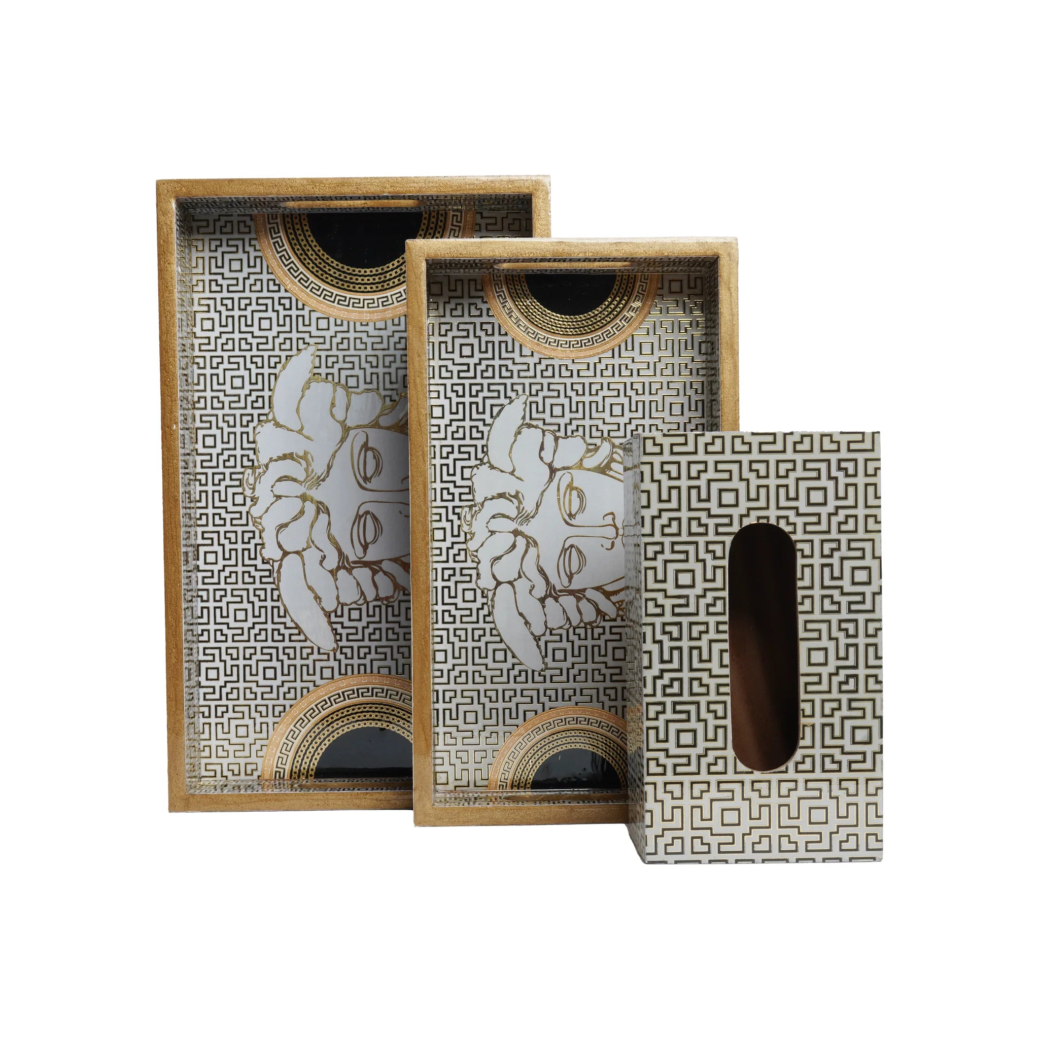 Wooden Black With Gold Border Serving Tray  Set of 2 with Gold Engraving+Tissue Box (Rectangle)