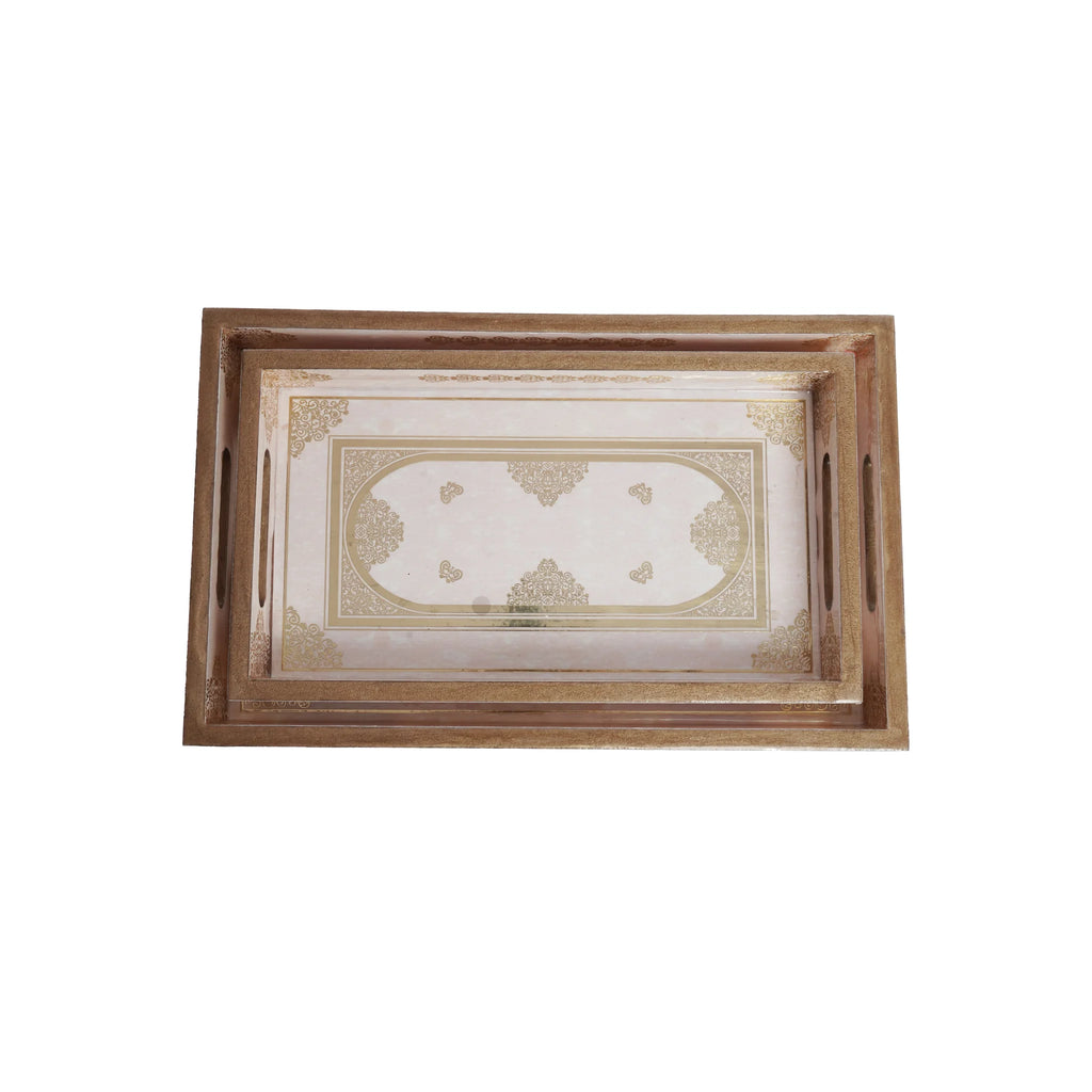 Wooden Jharokha Arch Serving Tray Set of 2 with Gold Engraving (Rectangle)