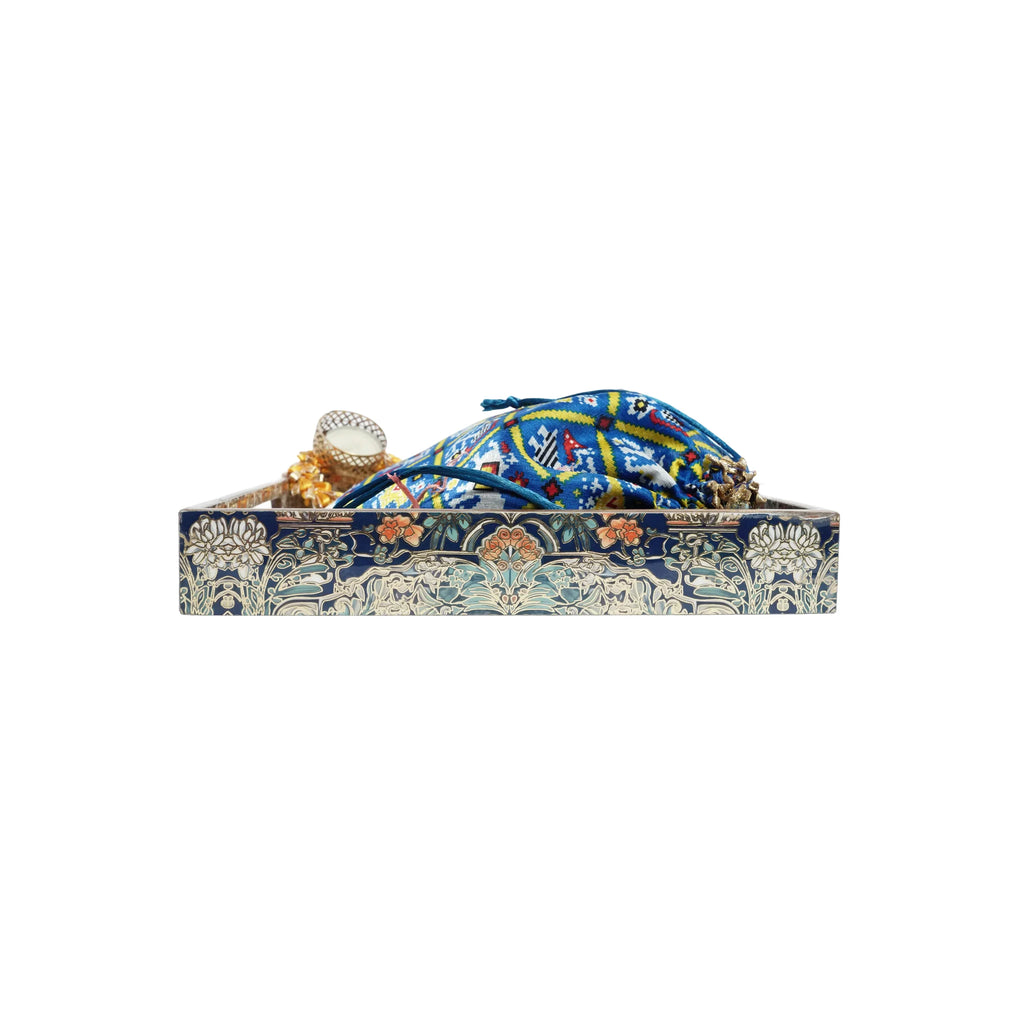 Wooden Blue Peocock Squre Single Tray With Dry Fruit and Diya