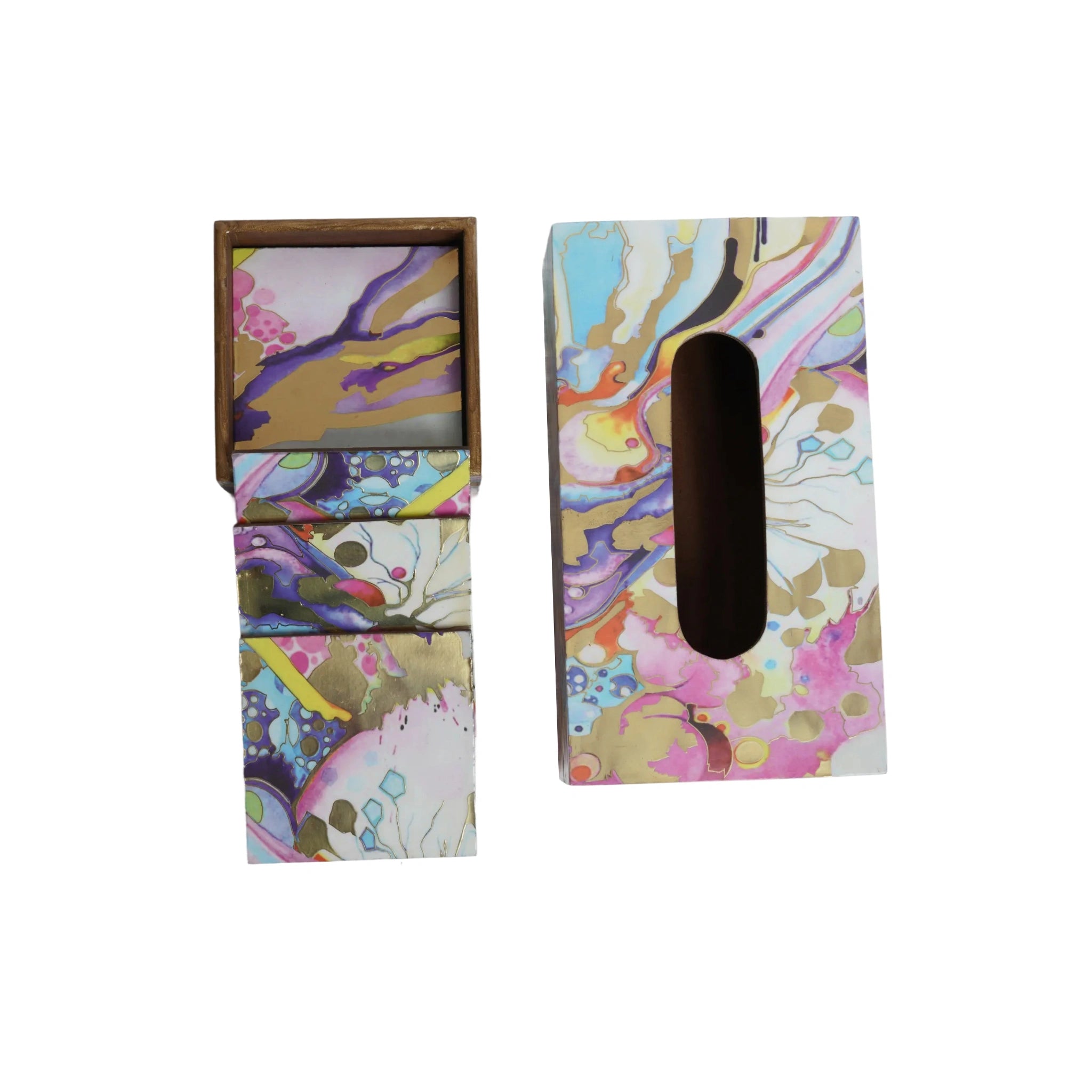 Wooden Digital Printed Tissue Paper Box - Refillable Facial Napkin Holder Stand+Wooden Coaster Set with Holder