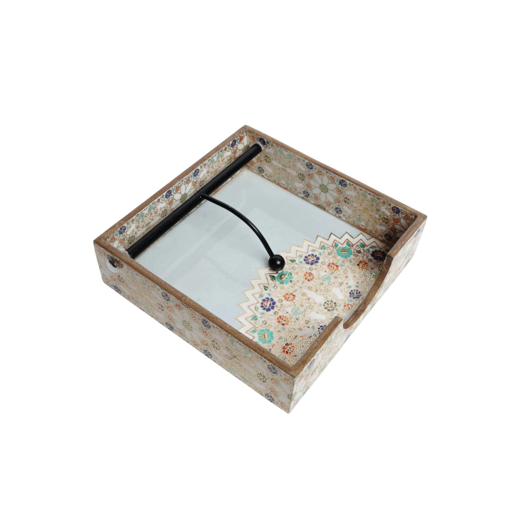 Wooden Multicolour Flower Color Art Weight Tissue Napkin Holder with Weighted Arm (Square)