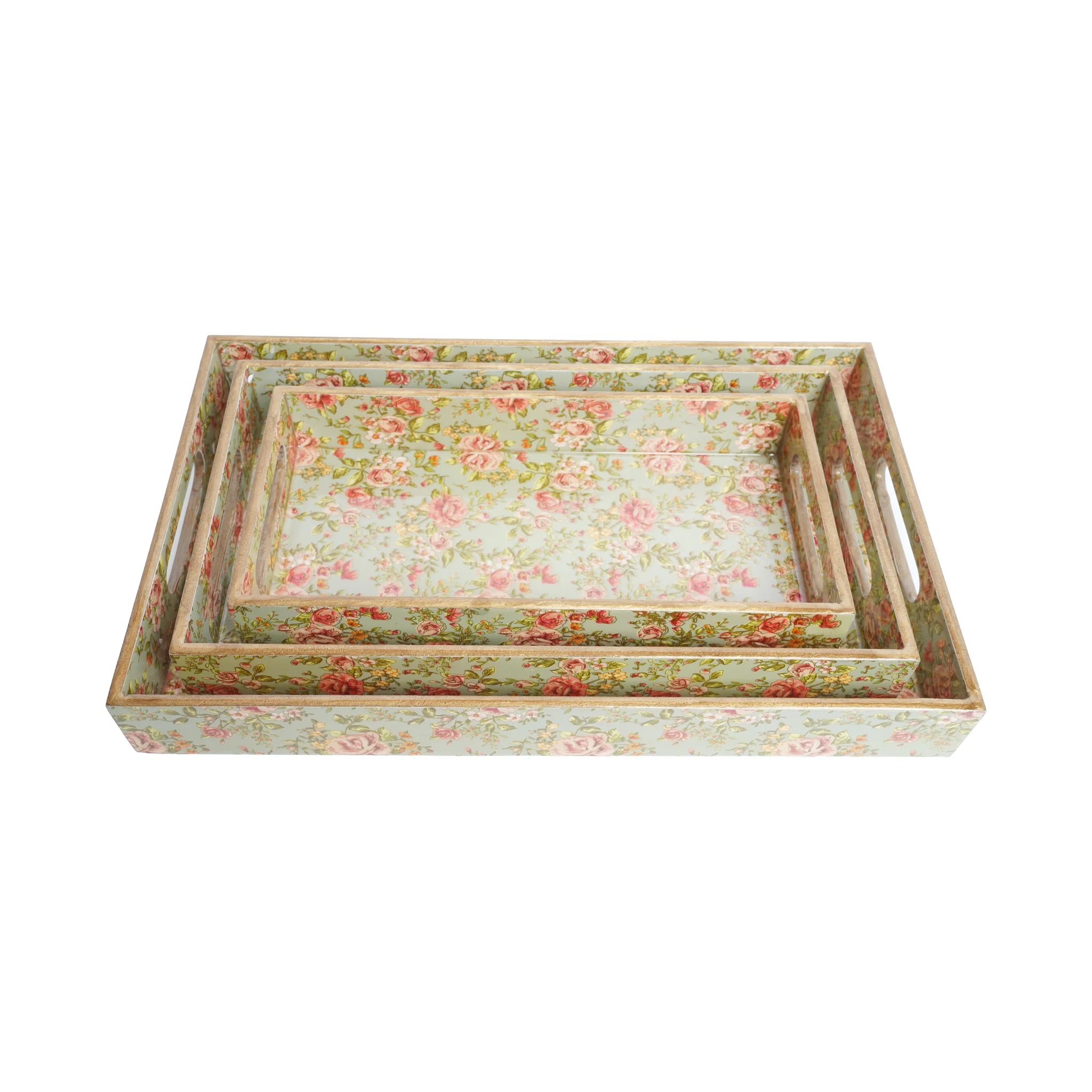 Wooden  Floral Serving Trey Set of 3 with Gold Engraving (Rectangle)