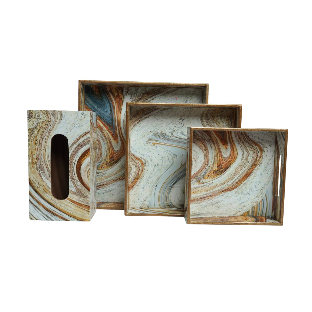 Wooden Italian Marble  Serving Trey set of 3+Tissue Paper Box