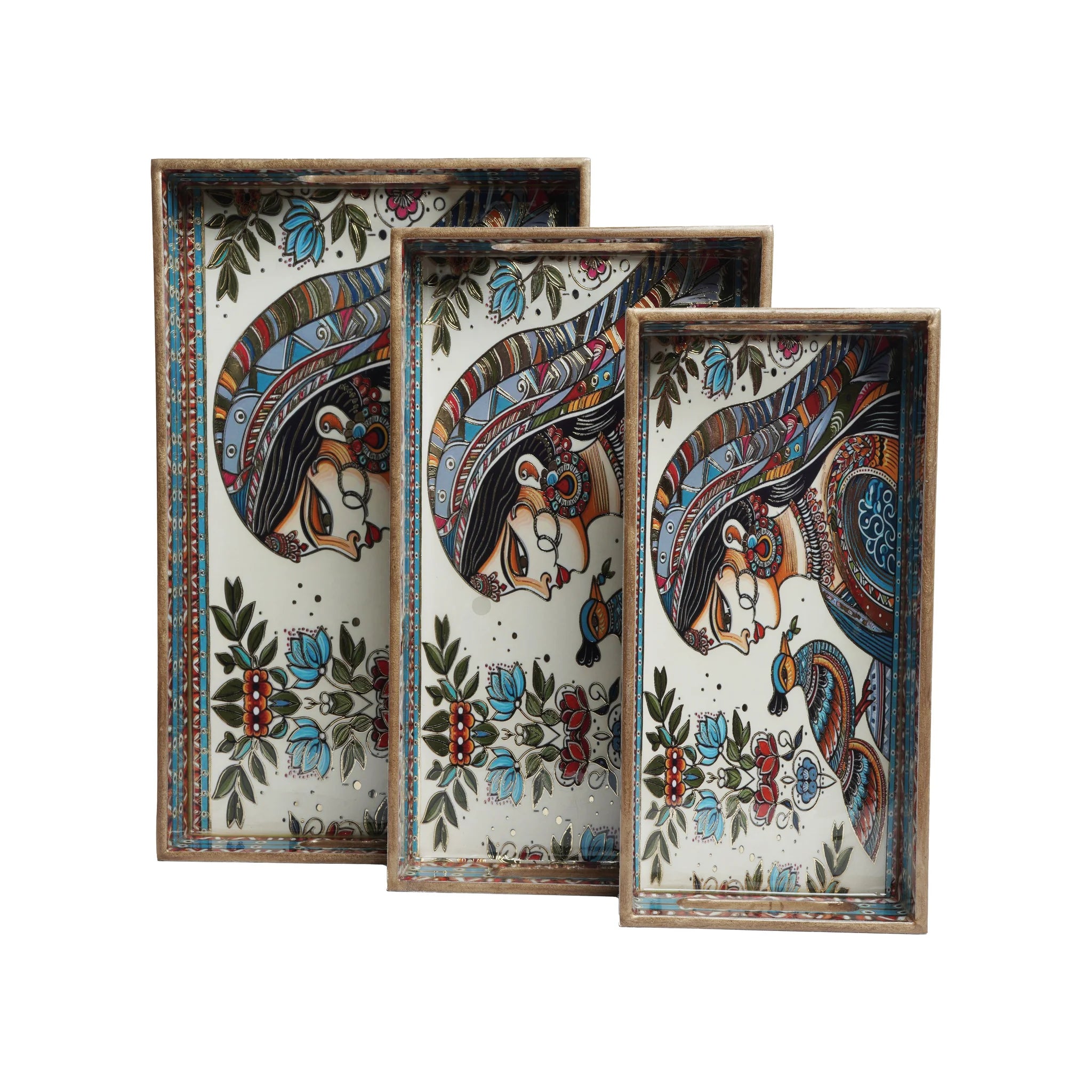 Wooden Kalamkari Tribal Queen With Peacock Serving Tray  Set of 3 with Gold Engraving (Rectangle)