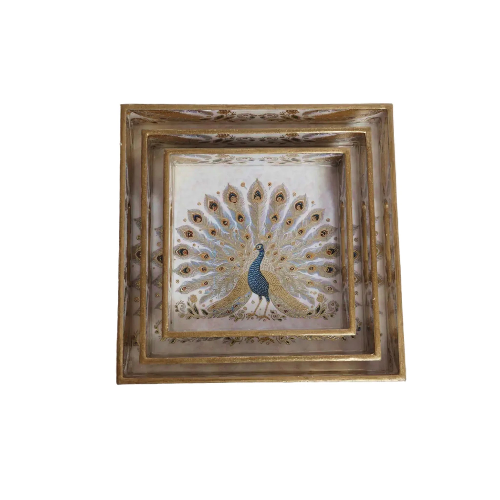 Wooden Royal Peocock Serving Tray set of 3 with Gold Engraving (Square)