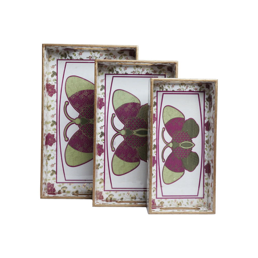 Wooden Butterfly With Floaral Border Serving Trey Set of 3 with Gold Engraving (Rectangle)