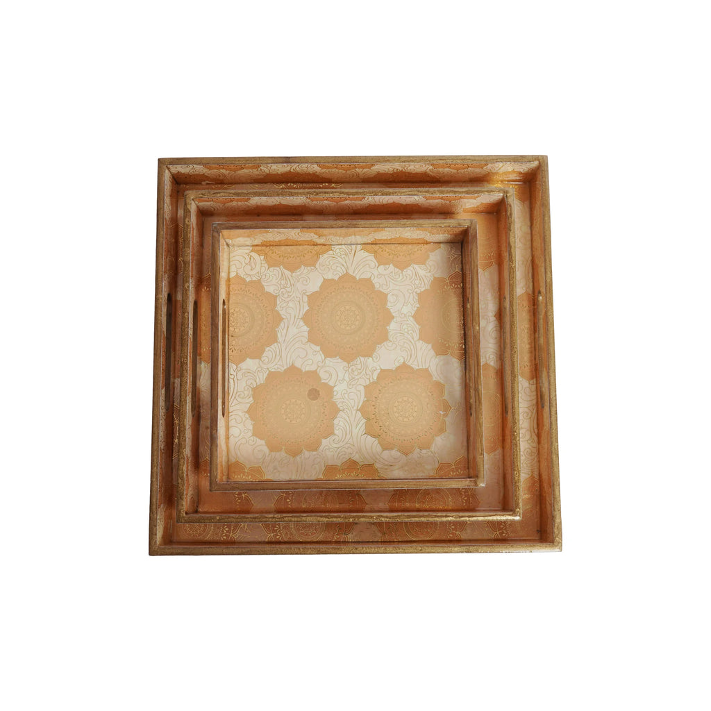 Wooden Gold  Serving Tray Set of 3  with Gold Engraving (Square)