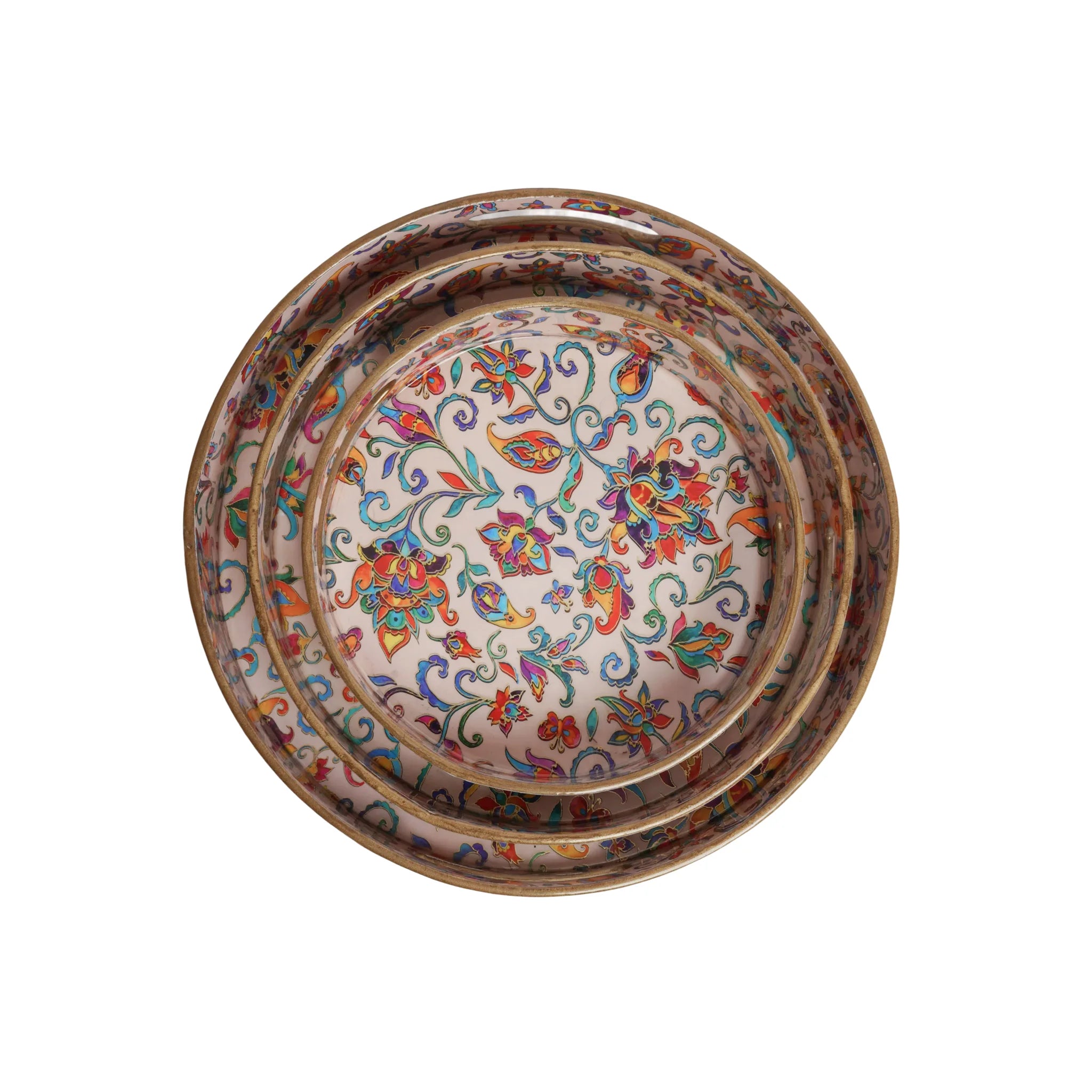 Wooden Kalamkari Floral Serving Tray  Set of 3  (Round)