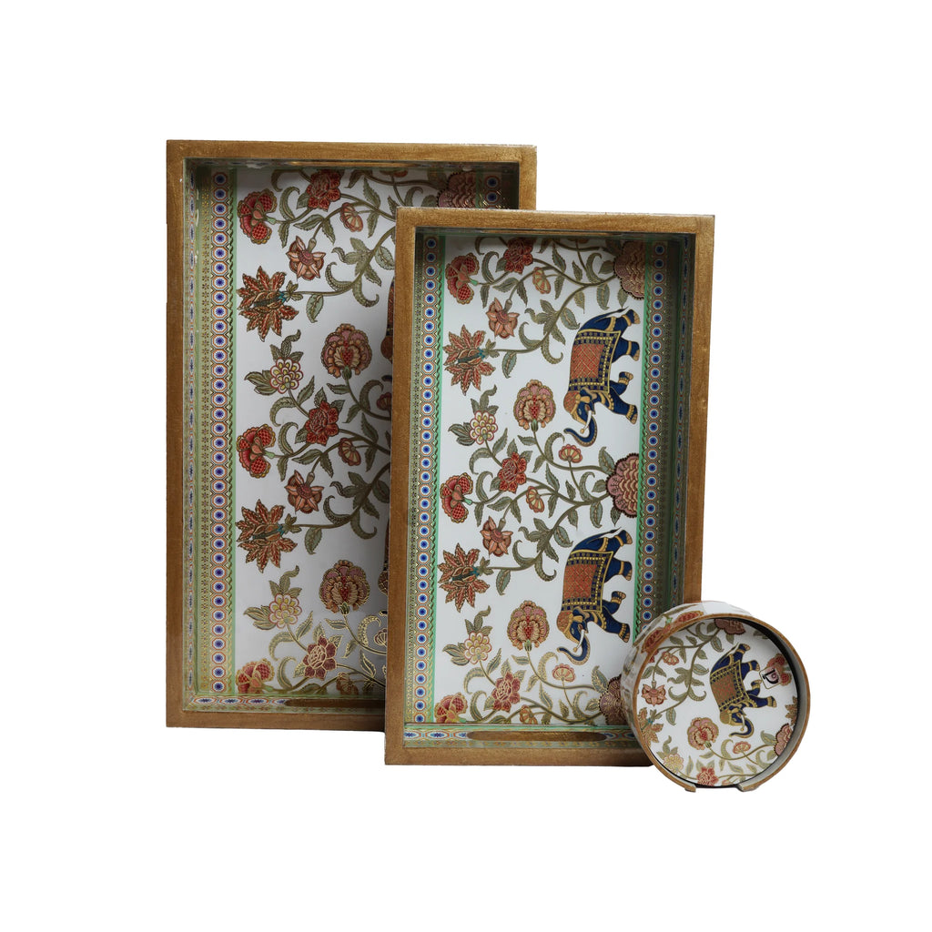 Wooden  Indian Pichwai Serving  Tray  Set of 2 with Gold Engraving +Round Coaster set of 6 (Rectangle)