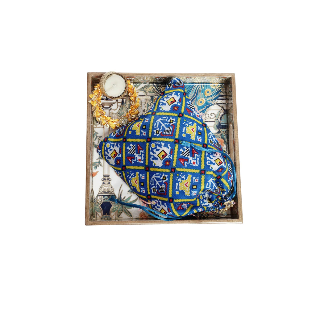 Wooden Blue Peocock Squre Single Tray With Dry Fruit and Diya
