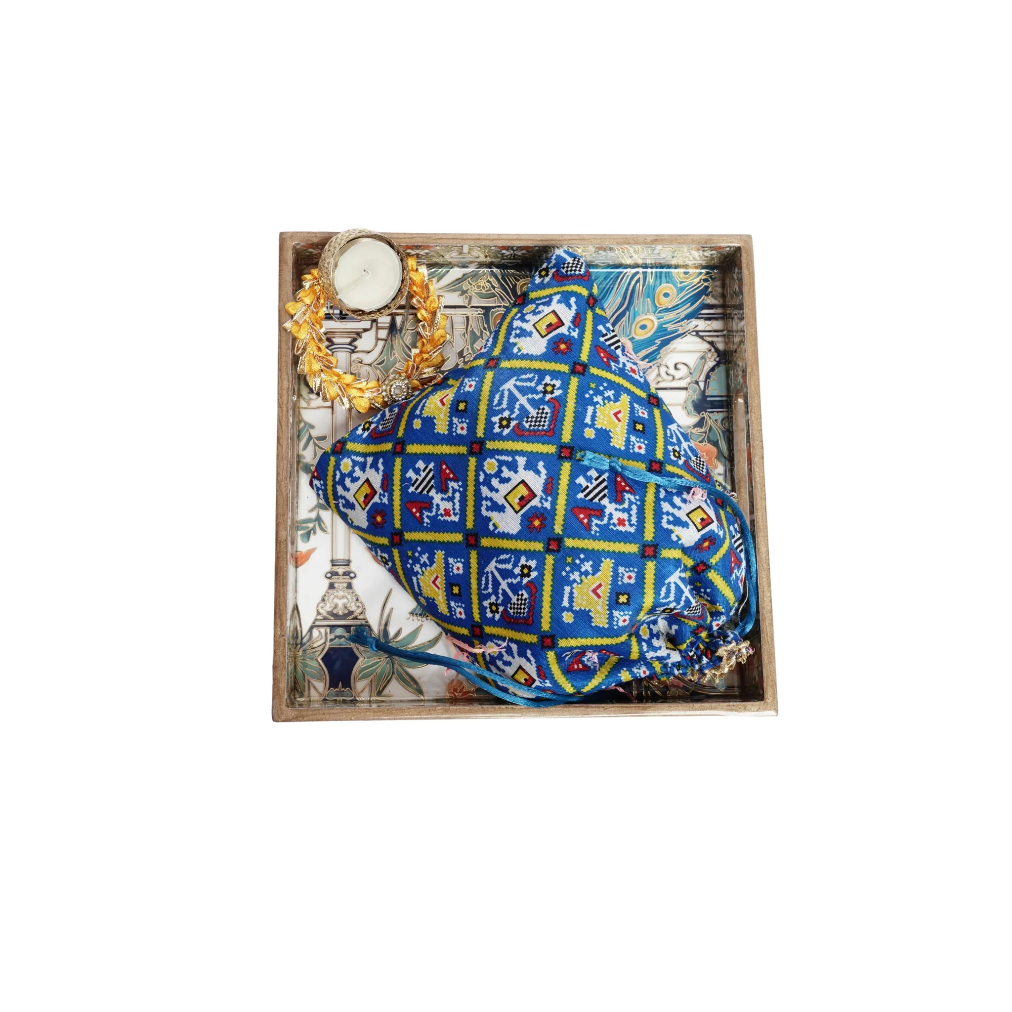 Wooden Blue Peocock Squre Single Tray With Dry Fruit and Diya